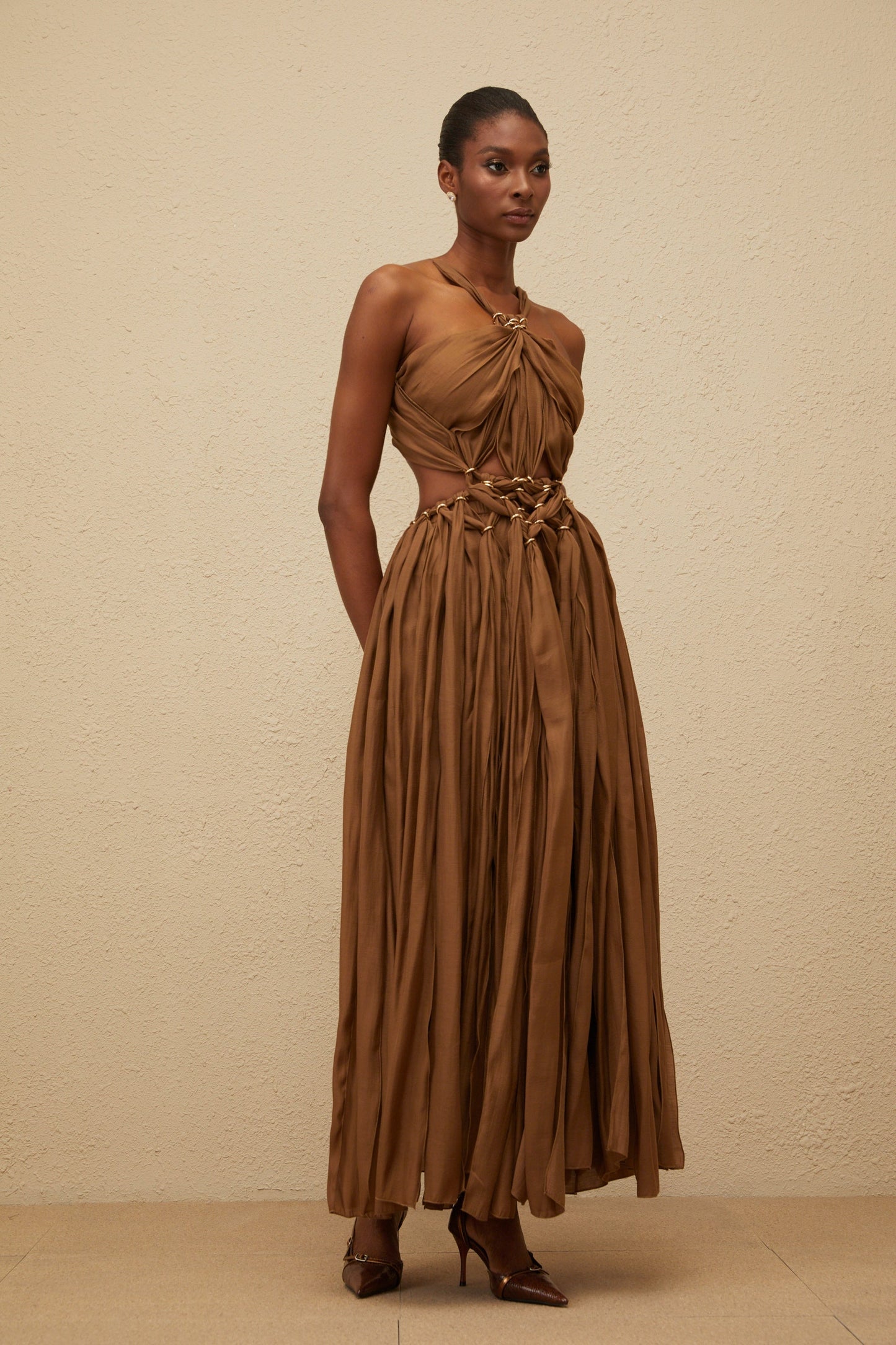 Déotille Brown Braided Cutout Shirred Midi Dress