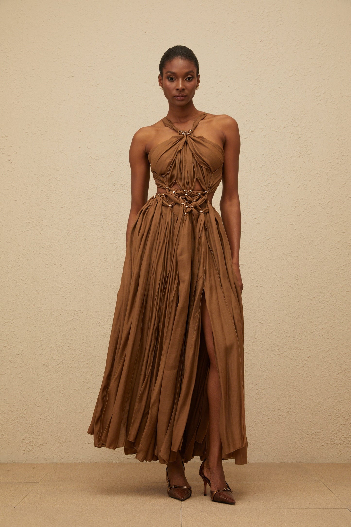 Déotille Brown Braided Cutout Shirred Midi Dress