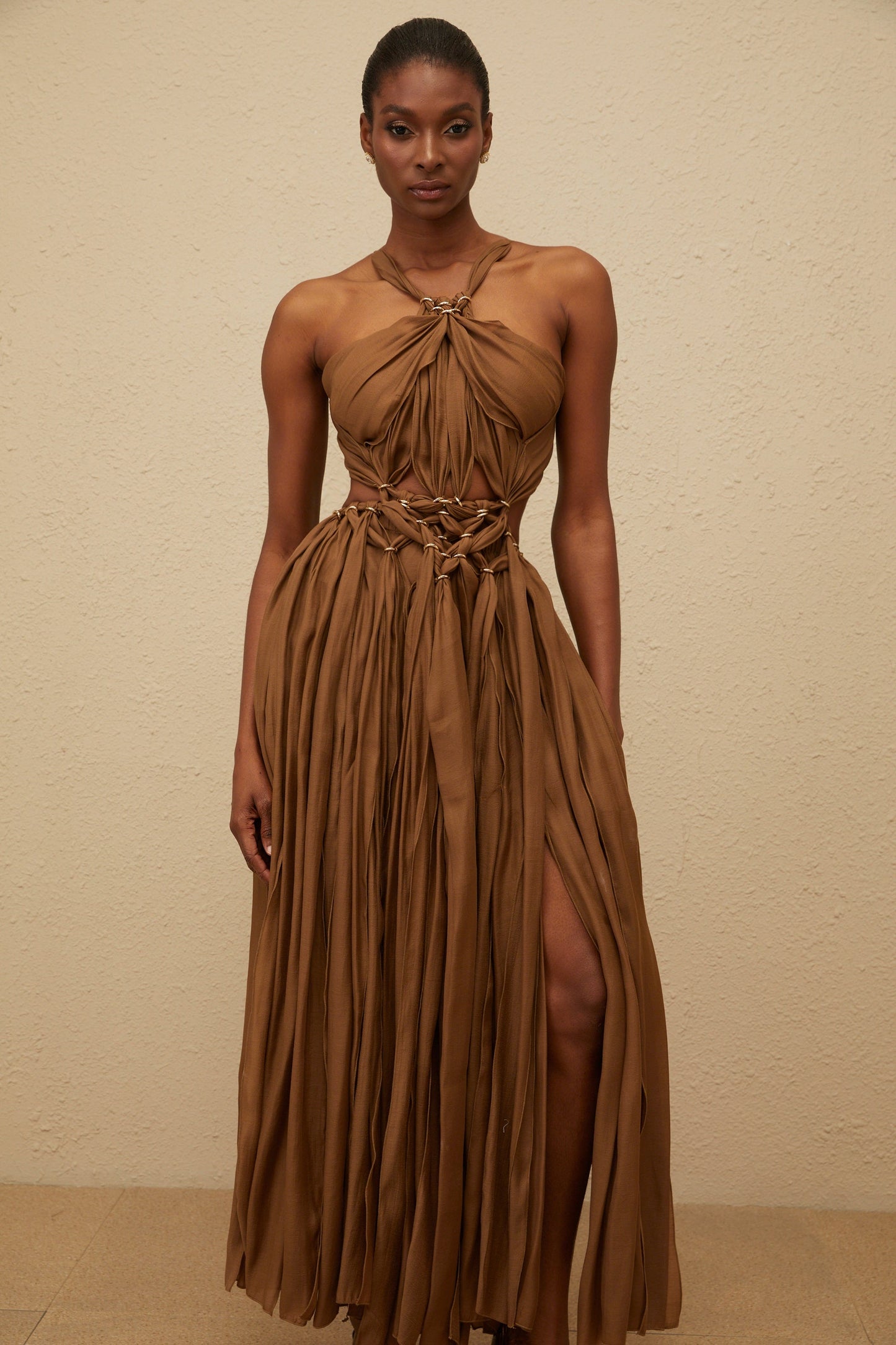 Déotille Brown Braided Cutout Shirred Midi Dress