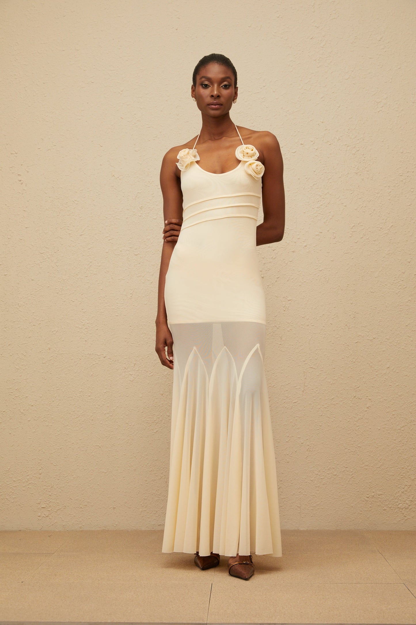 Vague Neutral 3D Petal Mesh Maxi Dress