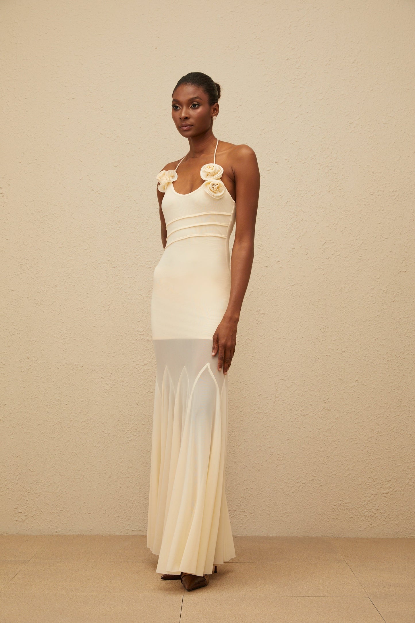 Vague Neutral 3D Petal Mesh Maxi Dress