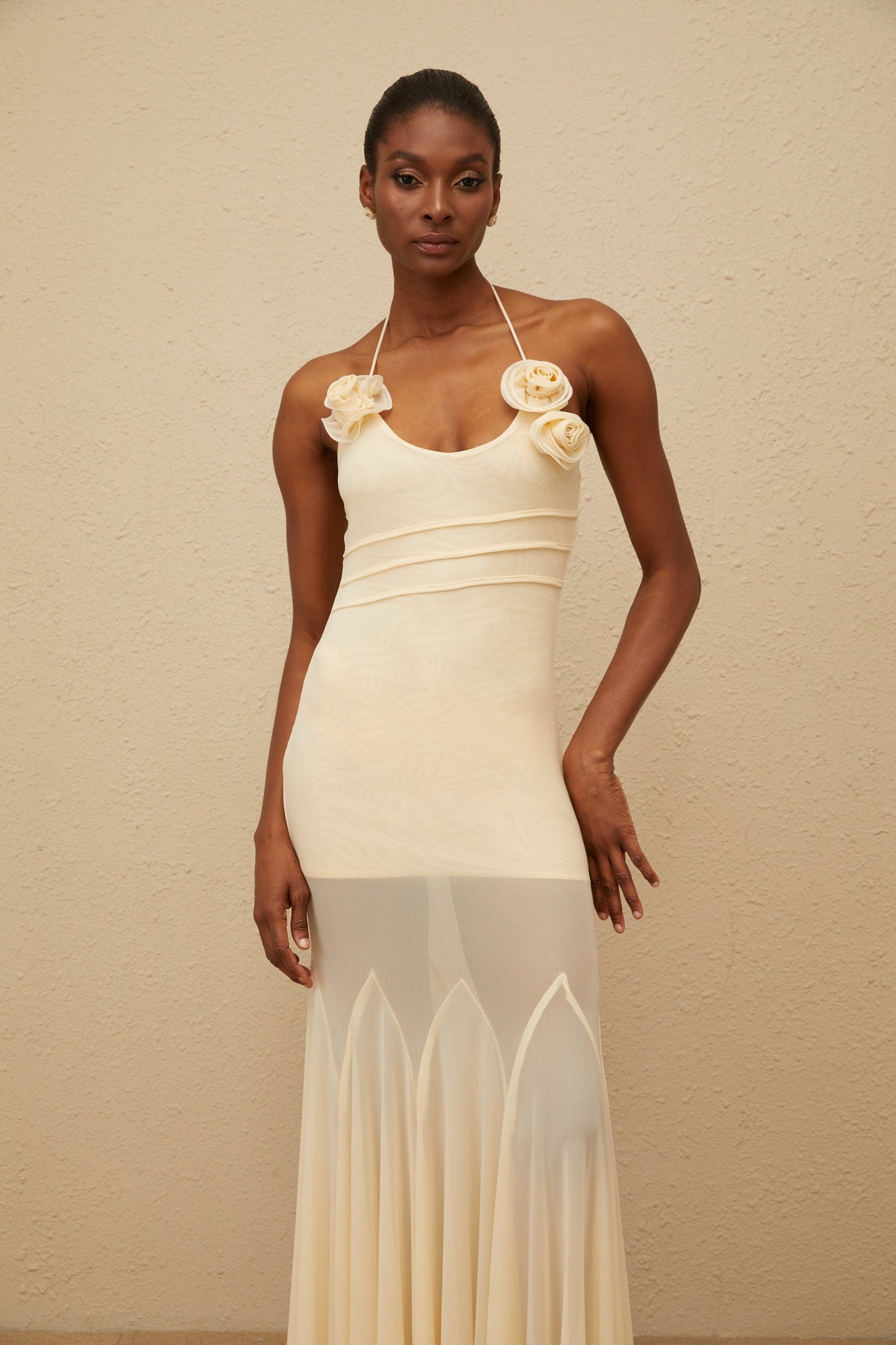 Vague Neutral 3D Petal Mesh Maxi Dress