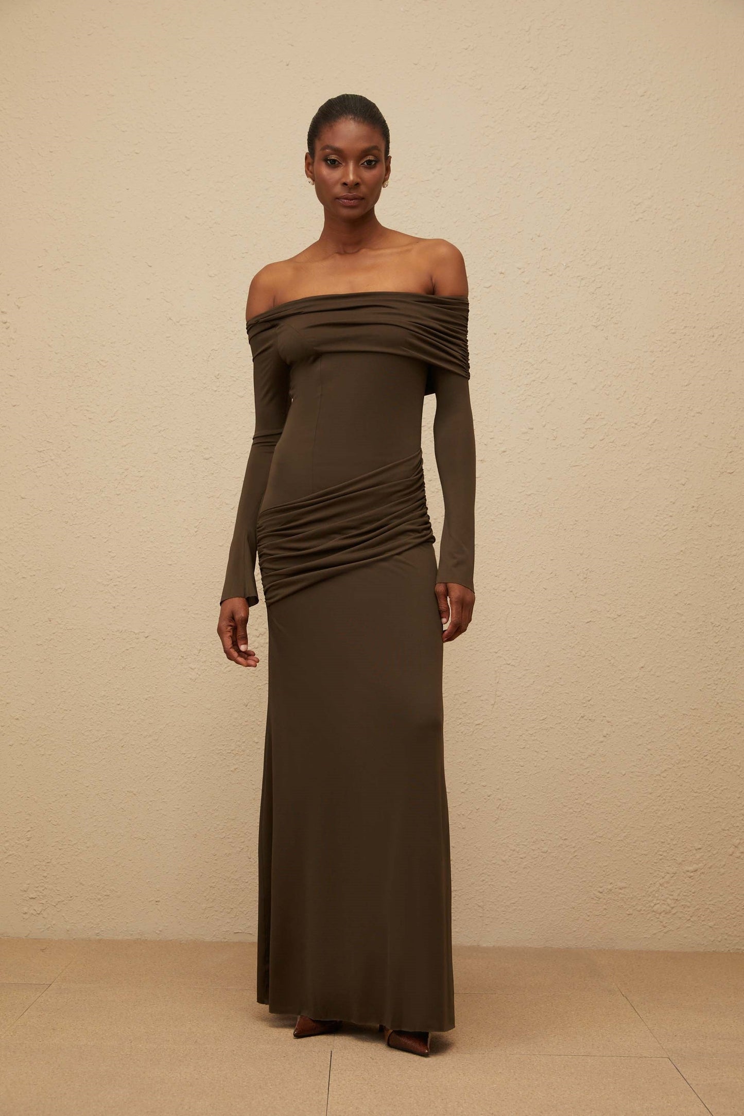 Sensuelle Green One-Shoulder Ruched Maxi Dress