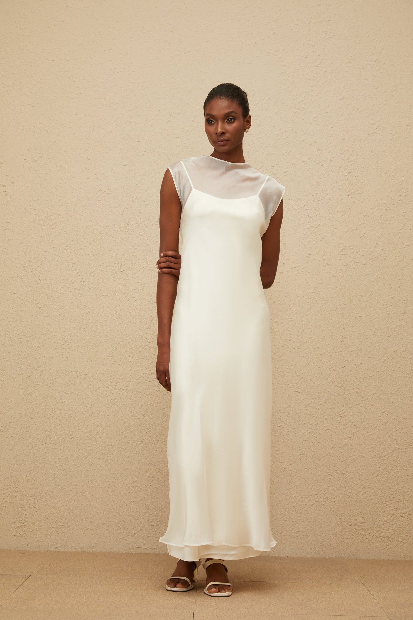 Epurée White Flared Tulle Maxi Dress