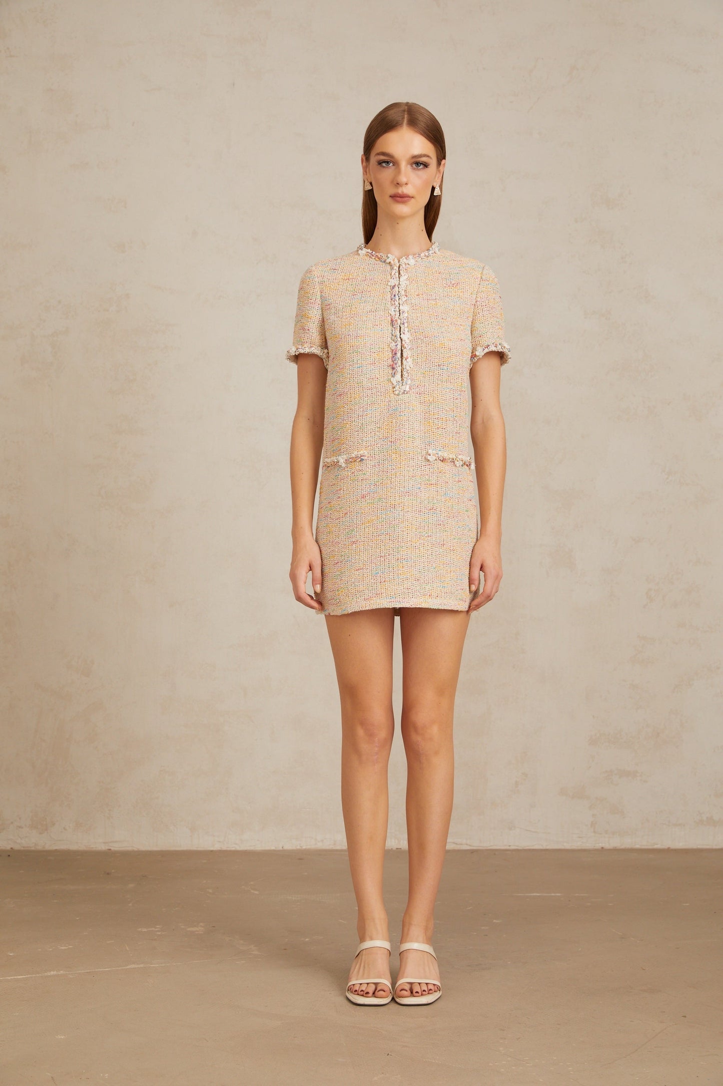 Palme Neutral Embellished Crochet Knit Mini Dress