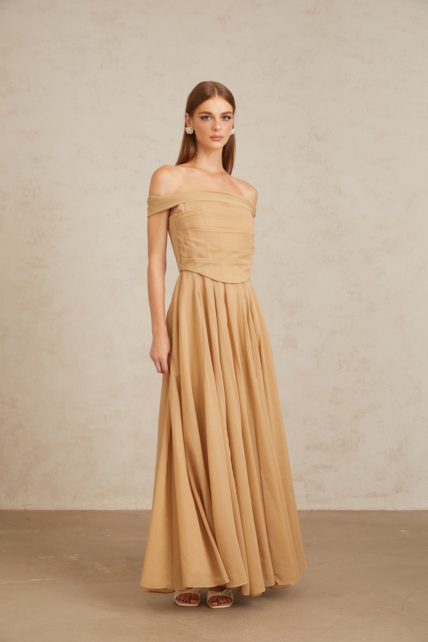Urbaine Khaki Ruched Tulle Maxi Dress