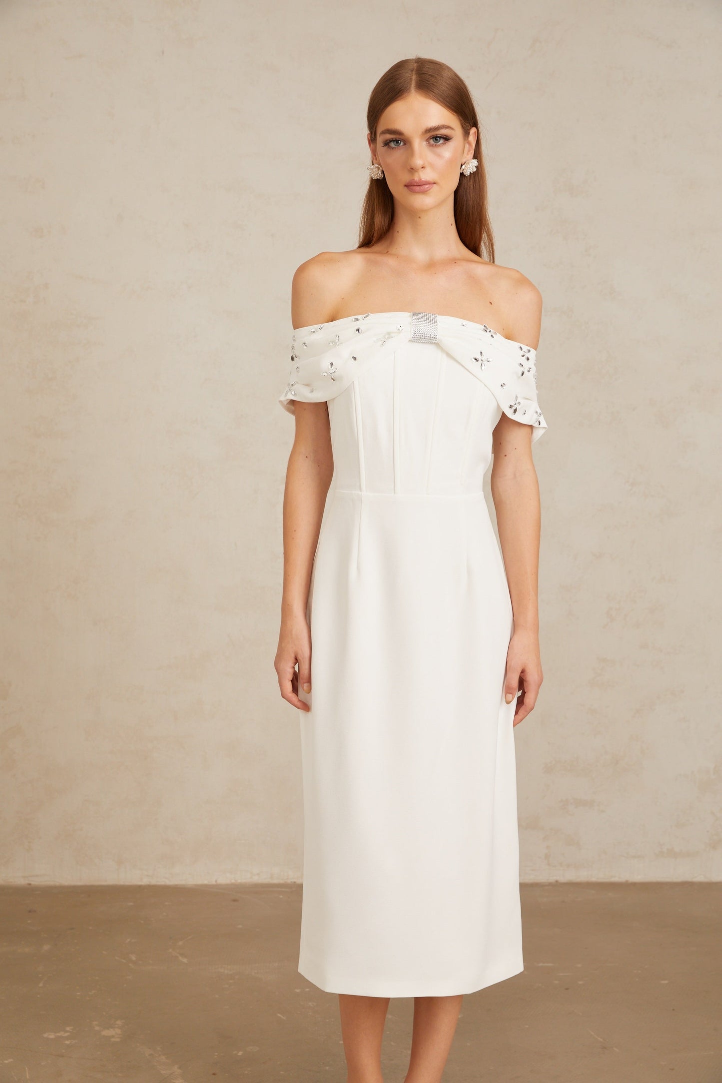 Elli White Off-Shoulder Embellished Midi Dress
