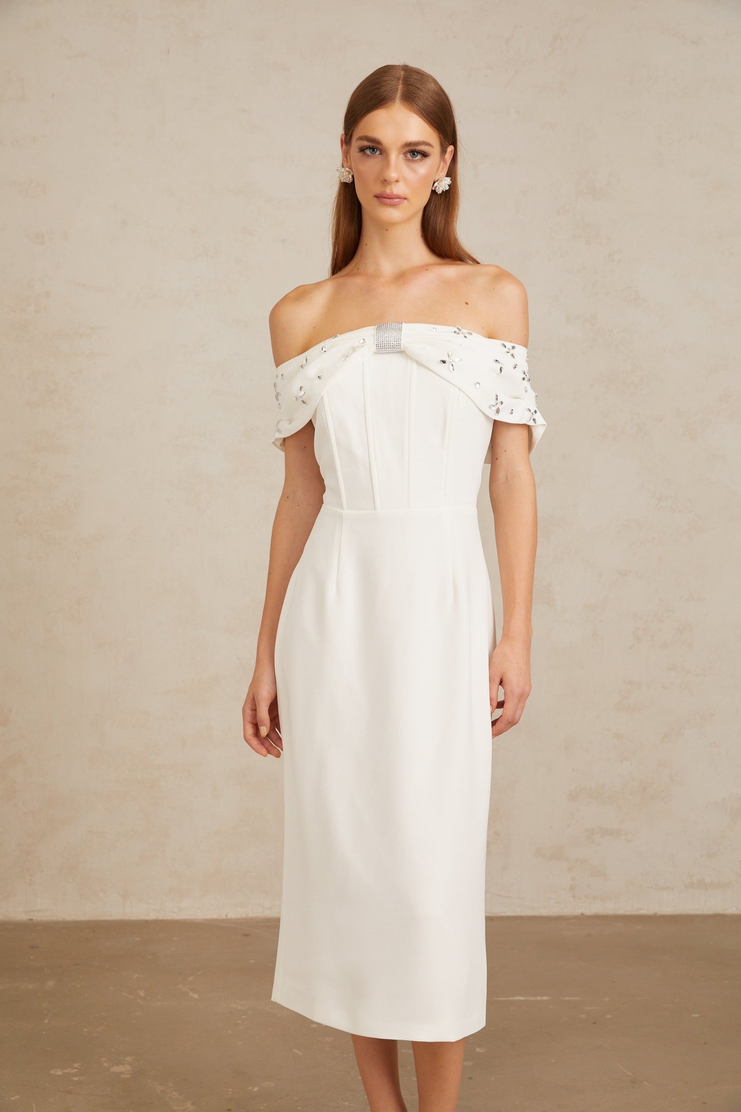 Elli White Off-Shoulder Embellished Midi Dress