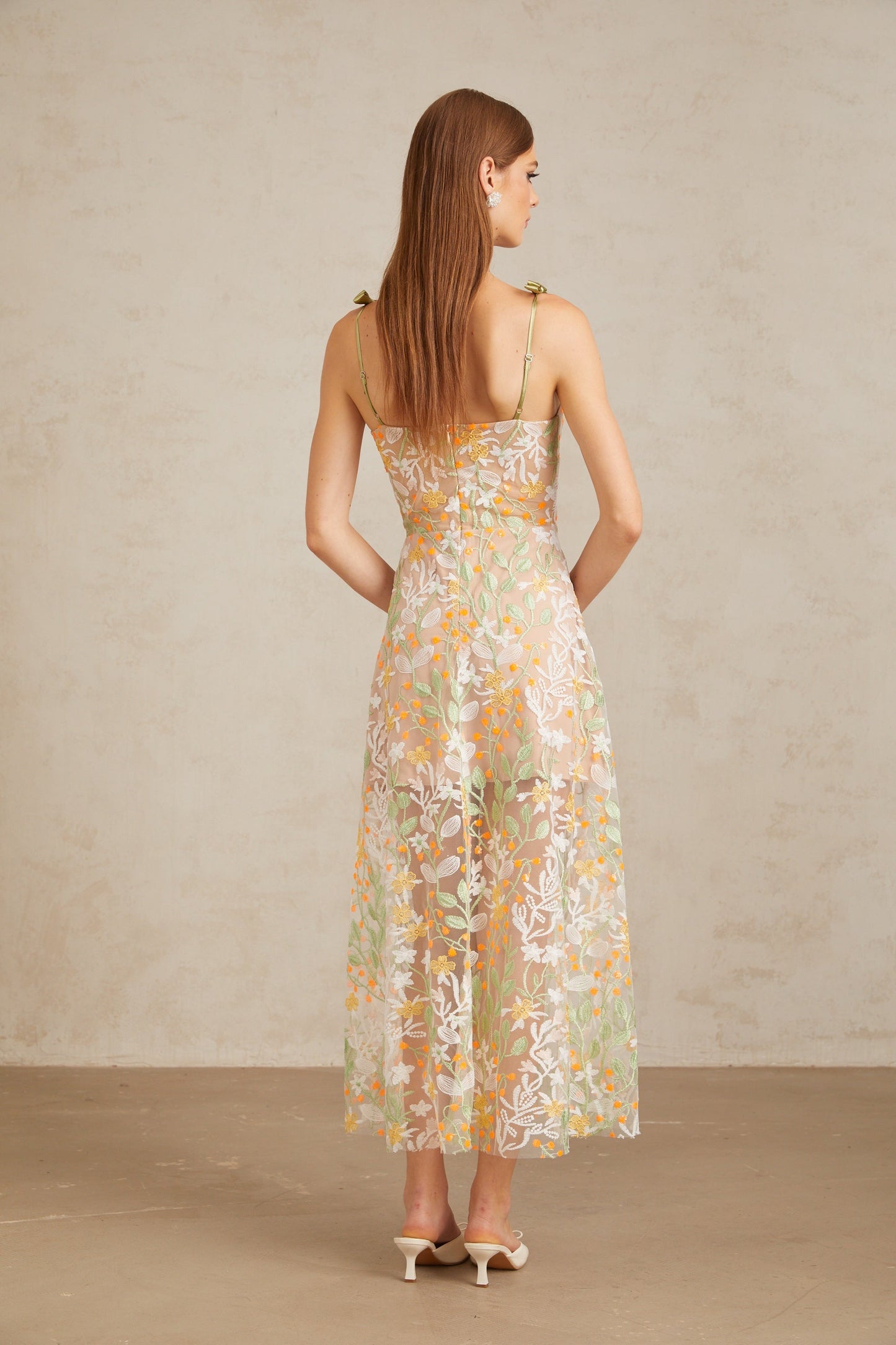 Bérénice Neutral Floral Embroidered Flare Maxi Dress