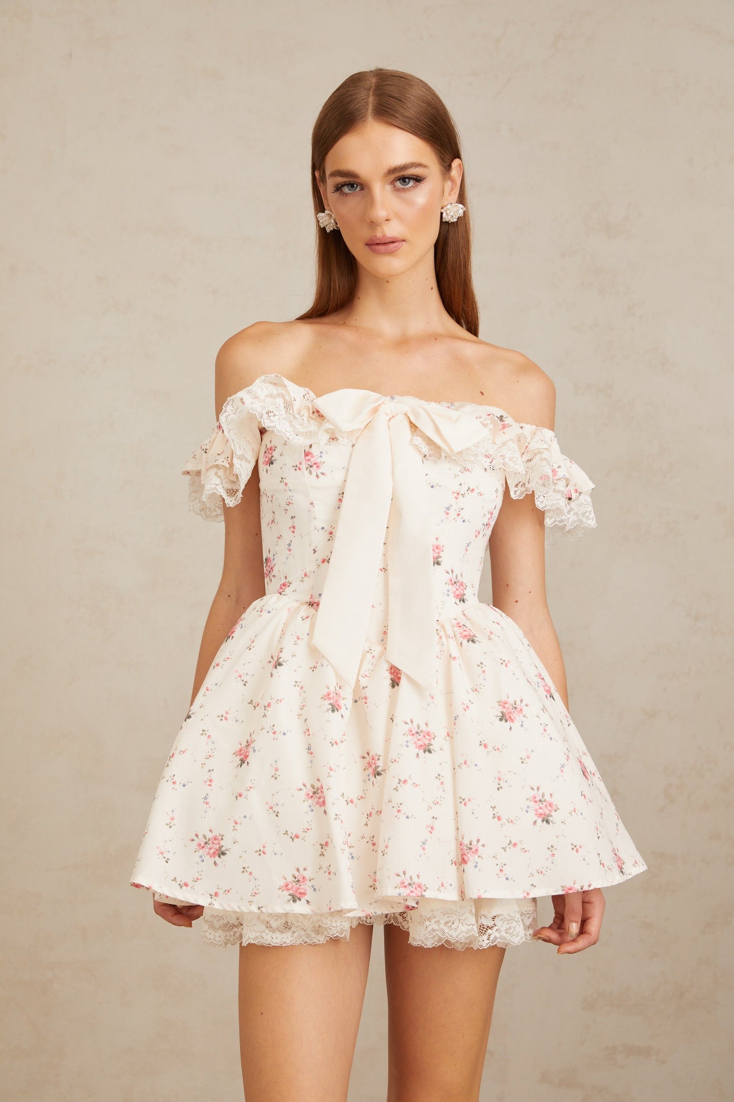 Arsène White Oversize Bow Floral Print Mini Dress