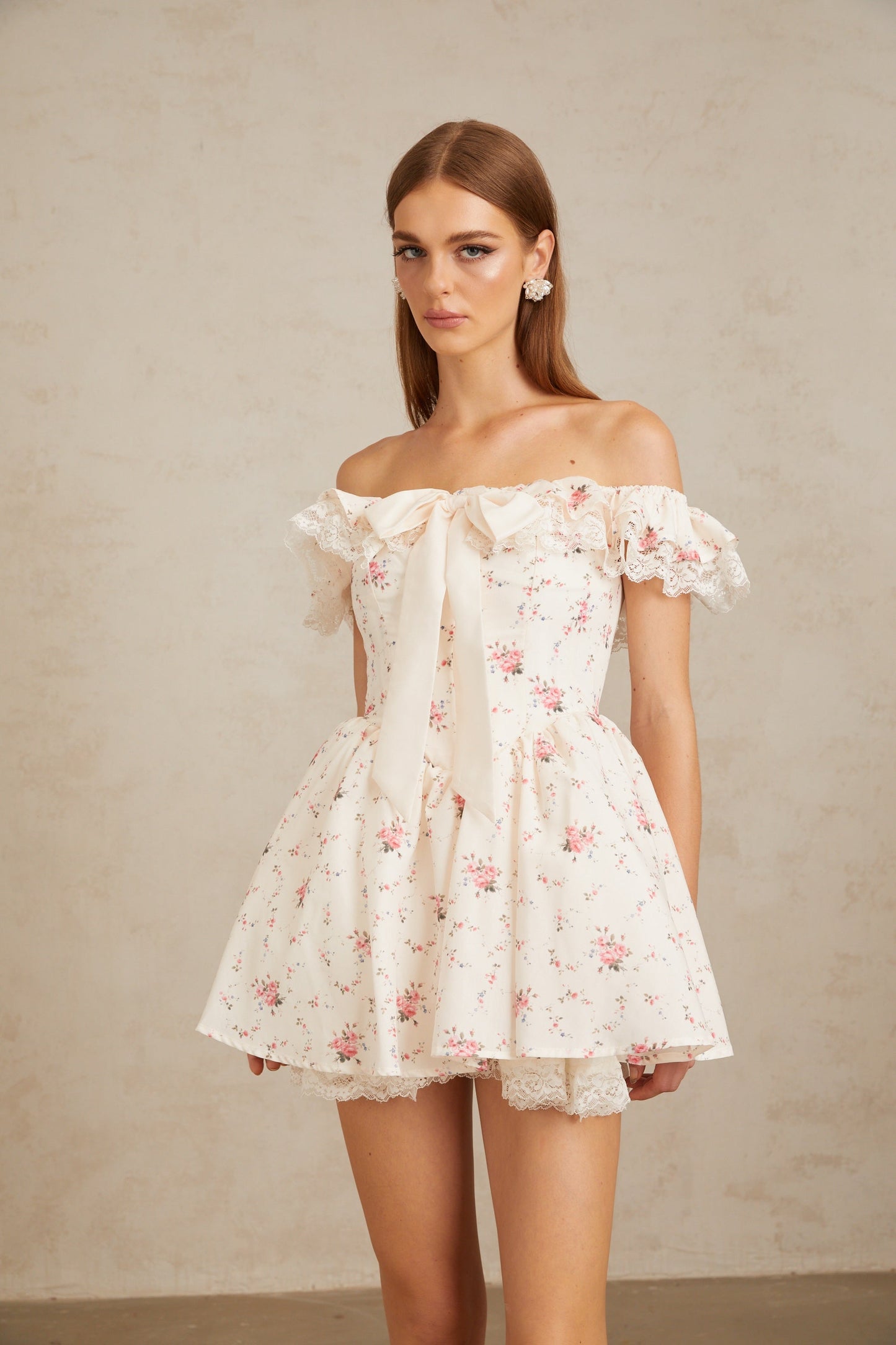 Arsène White Oversize Bow Floral Print Mini Dress