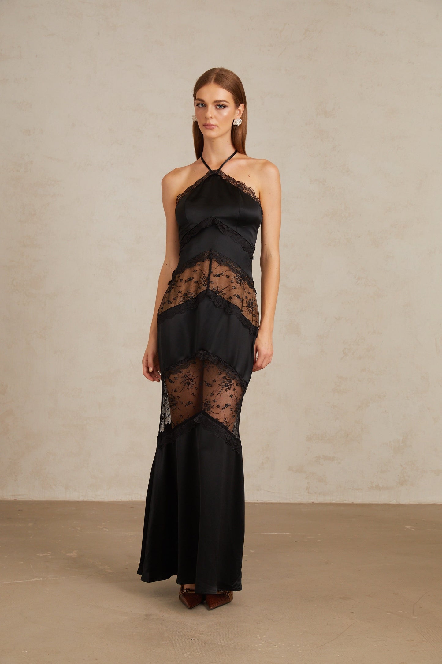Anu Black Lace Panel Satin Maxi Gown