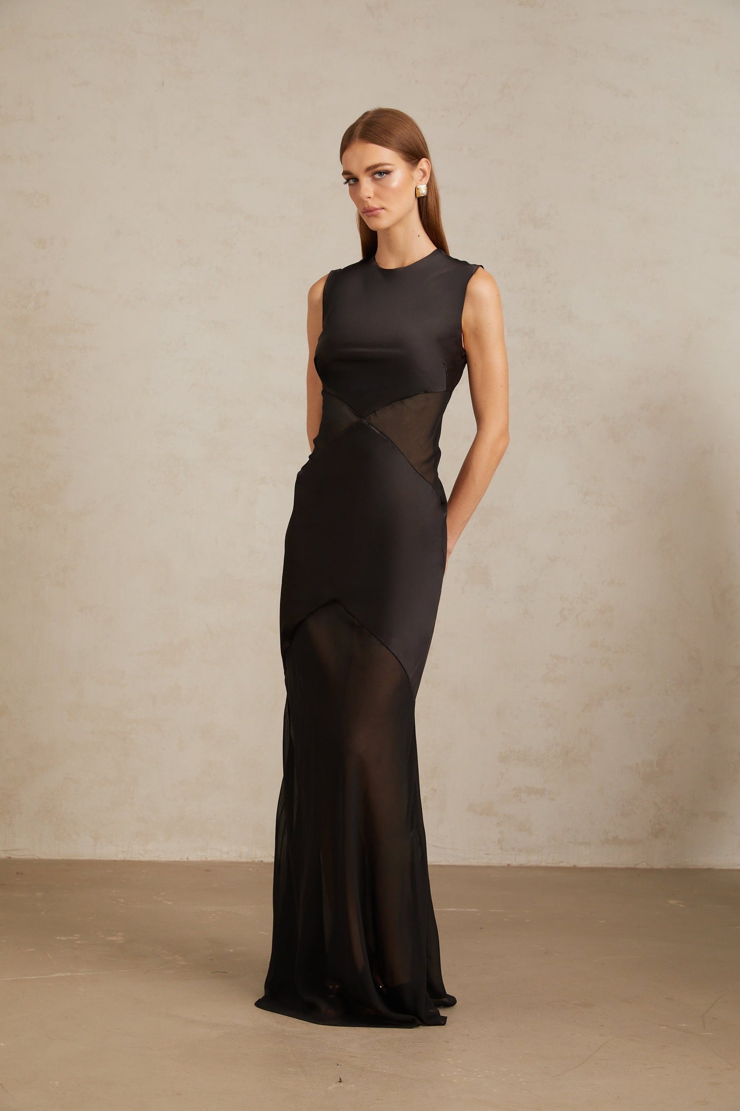Siiri Black Tulle Panel Satin Maxi Gown
