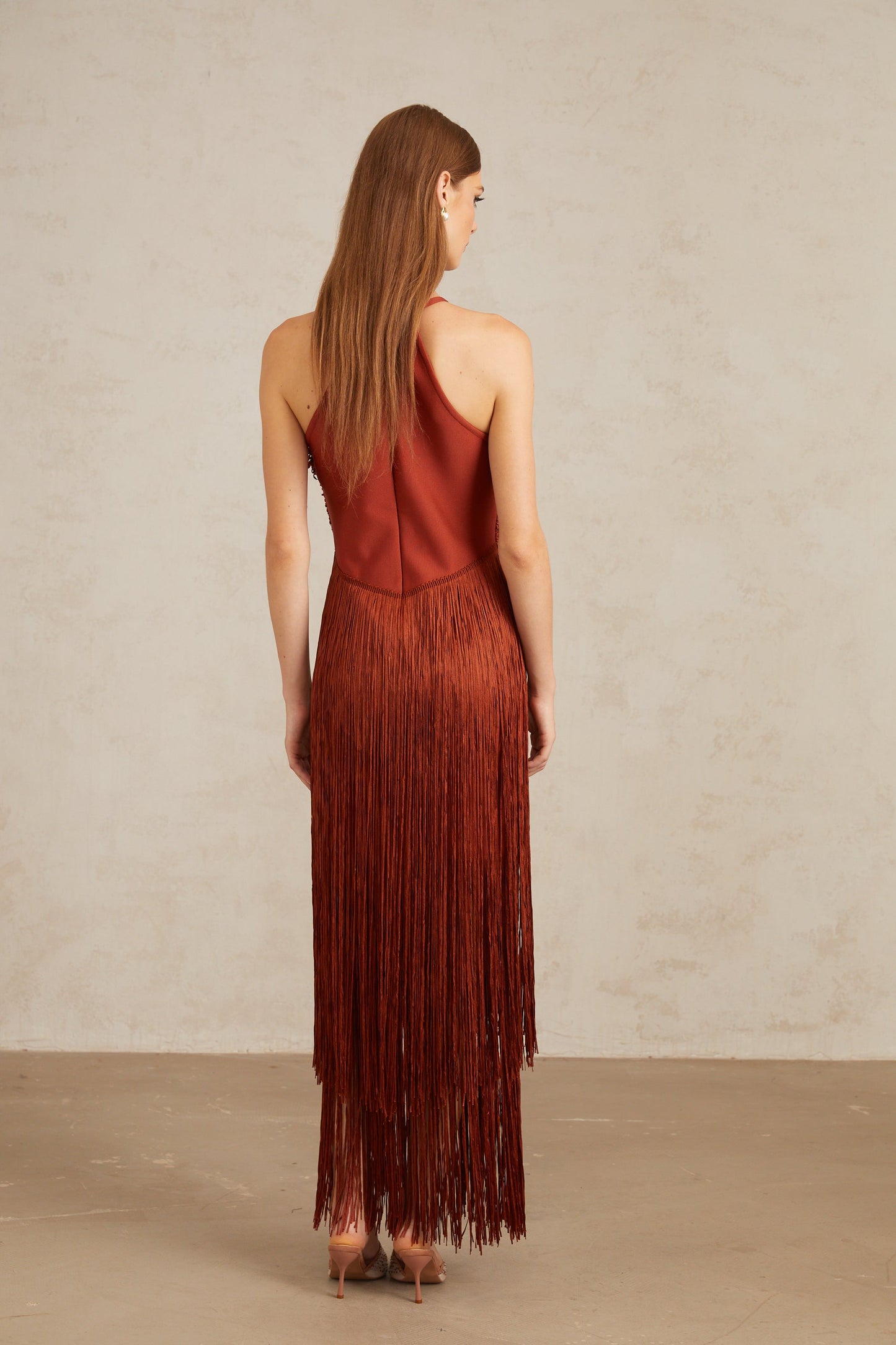 Mélisande Rusty Red Halterneck Fringed Maxi Gown