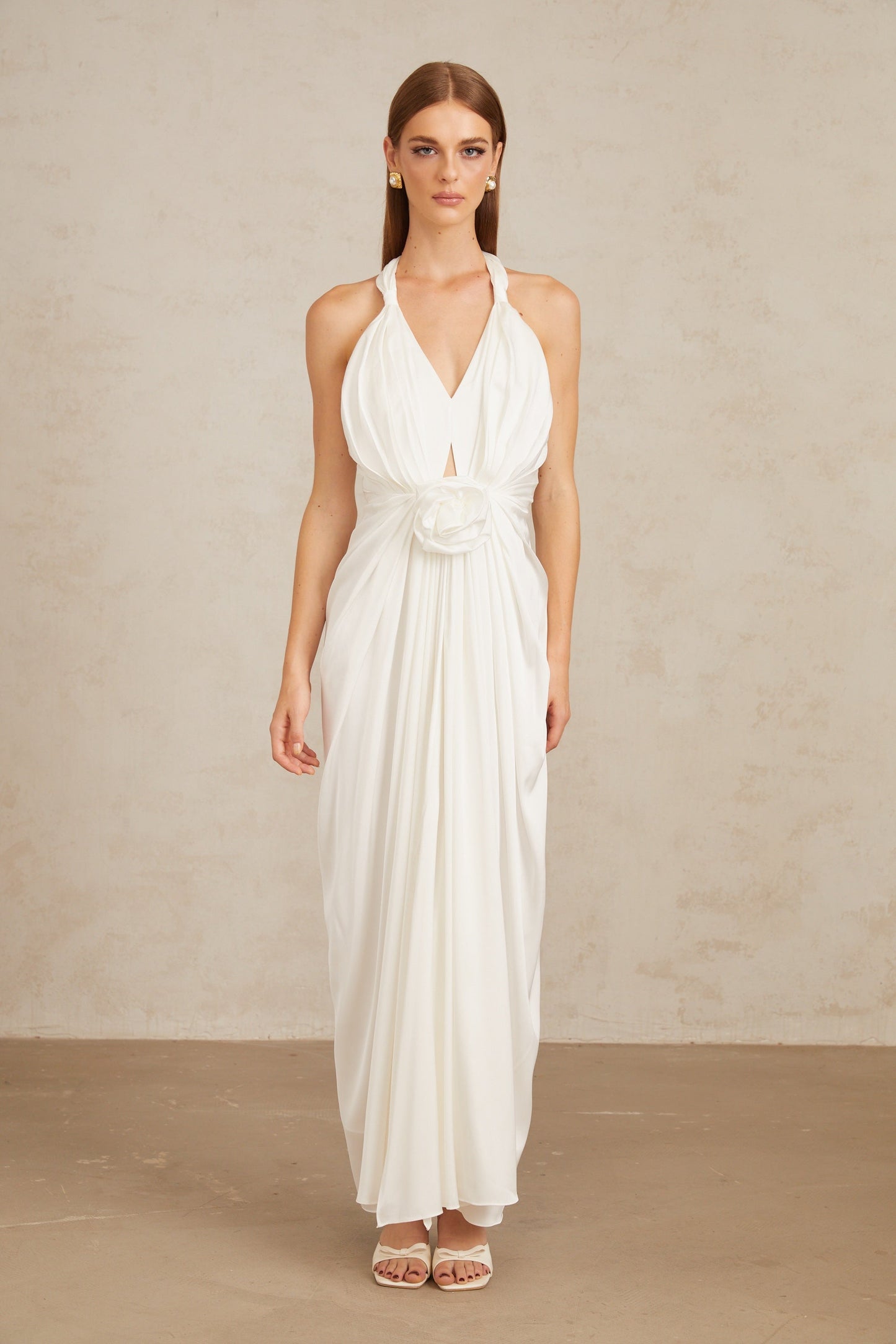 Anais White Gathered Floral Appliqué Maxi Gown