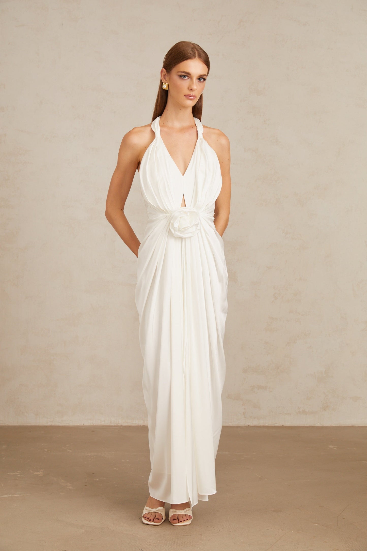 Anais White Gathered Floral Appliqué Maxi Gown