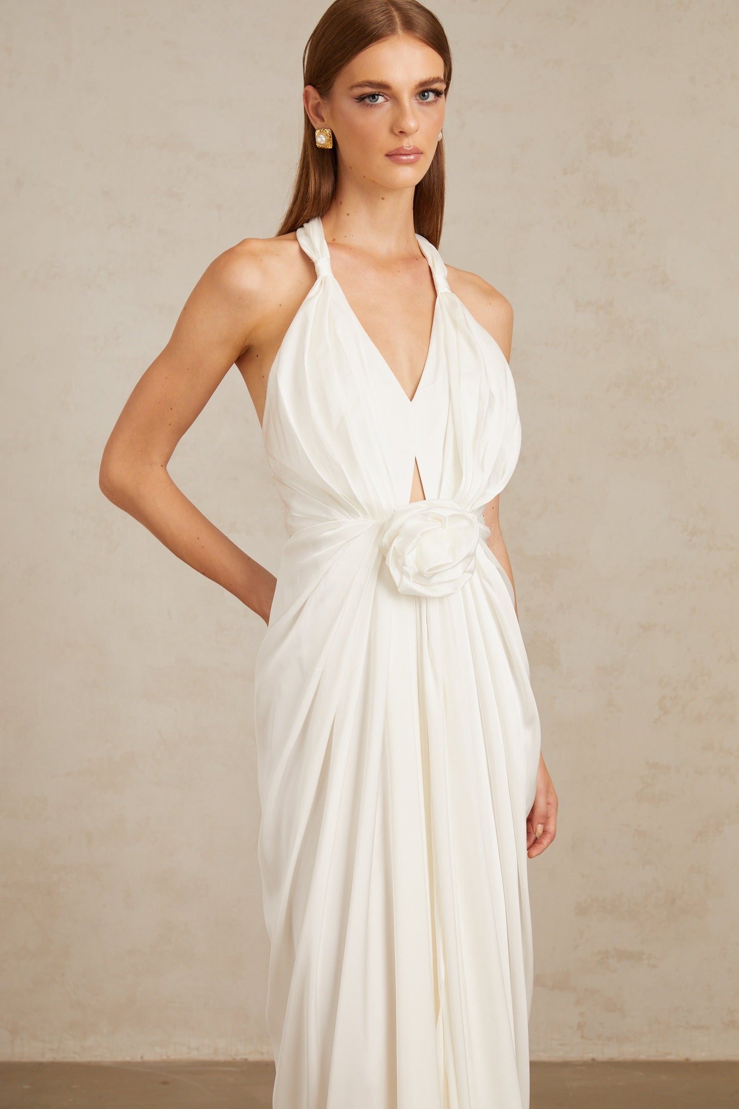 Anais White Gathered Floral Appliqué Maxi Gown