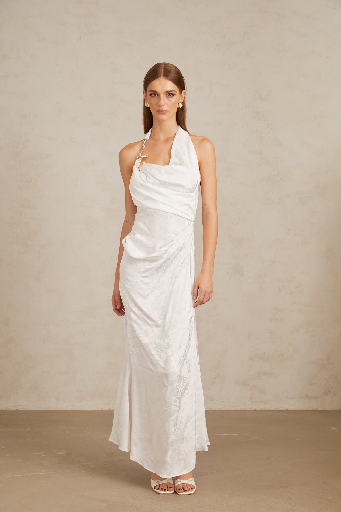 Marie White Ruched Jacquard Floral Maxi Dress