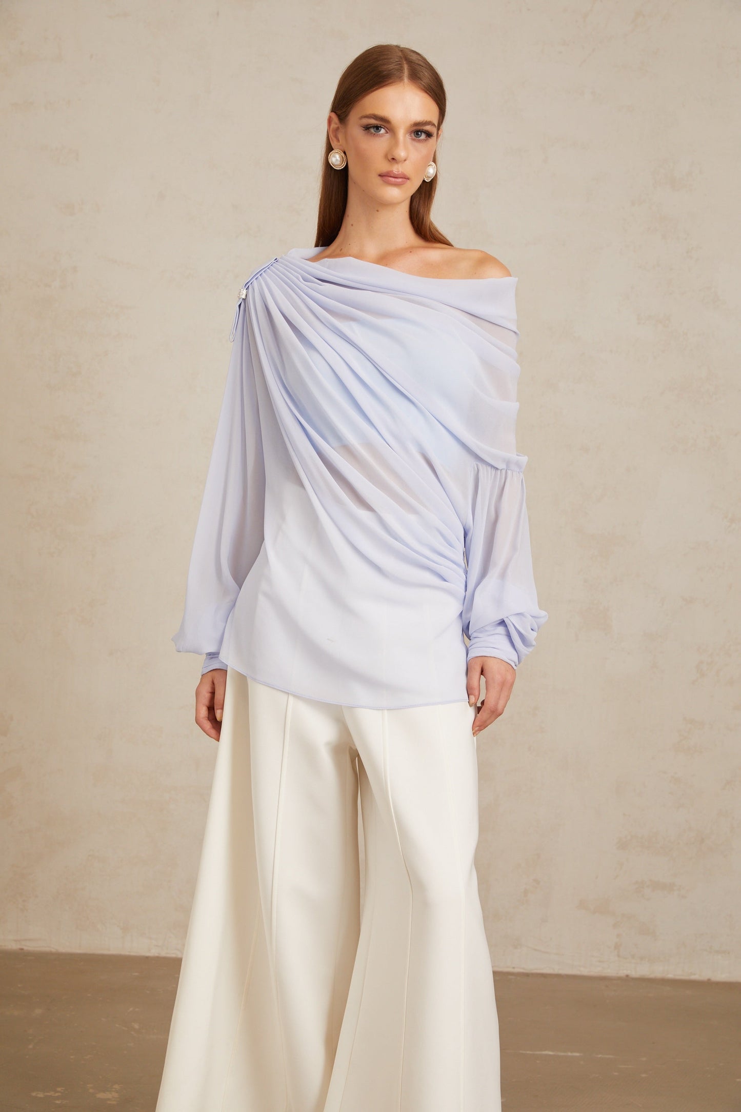 Léonie Blue Crystal Embellished Bowknot Chiffon Blouse
