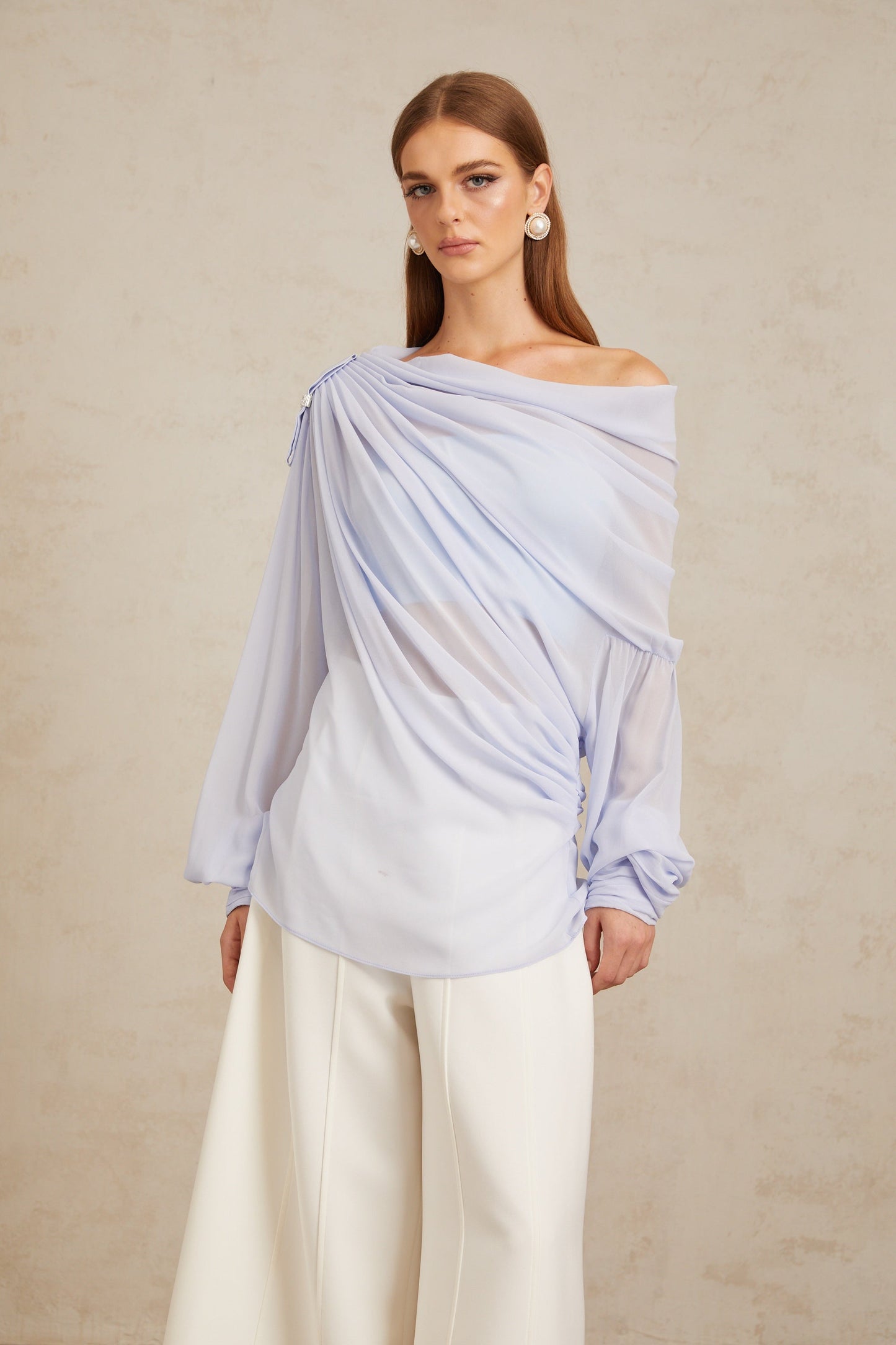 Léonie Blue Crystal Embellished Bowknot Chiffon Blouse