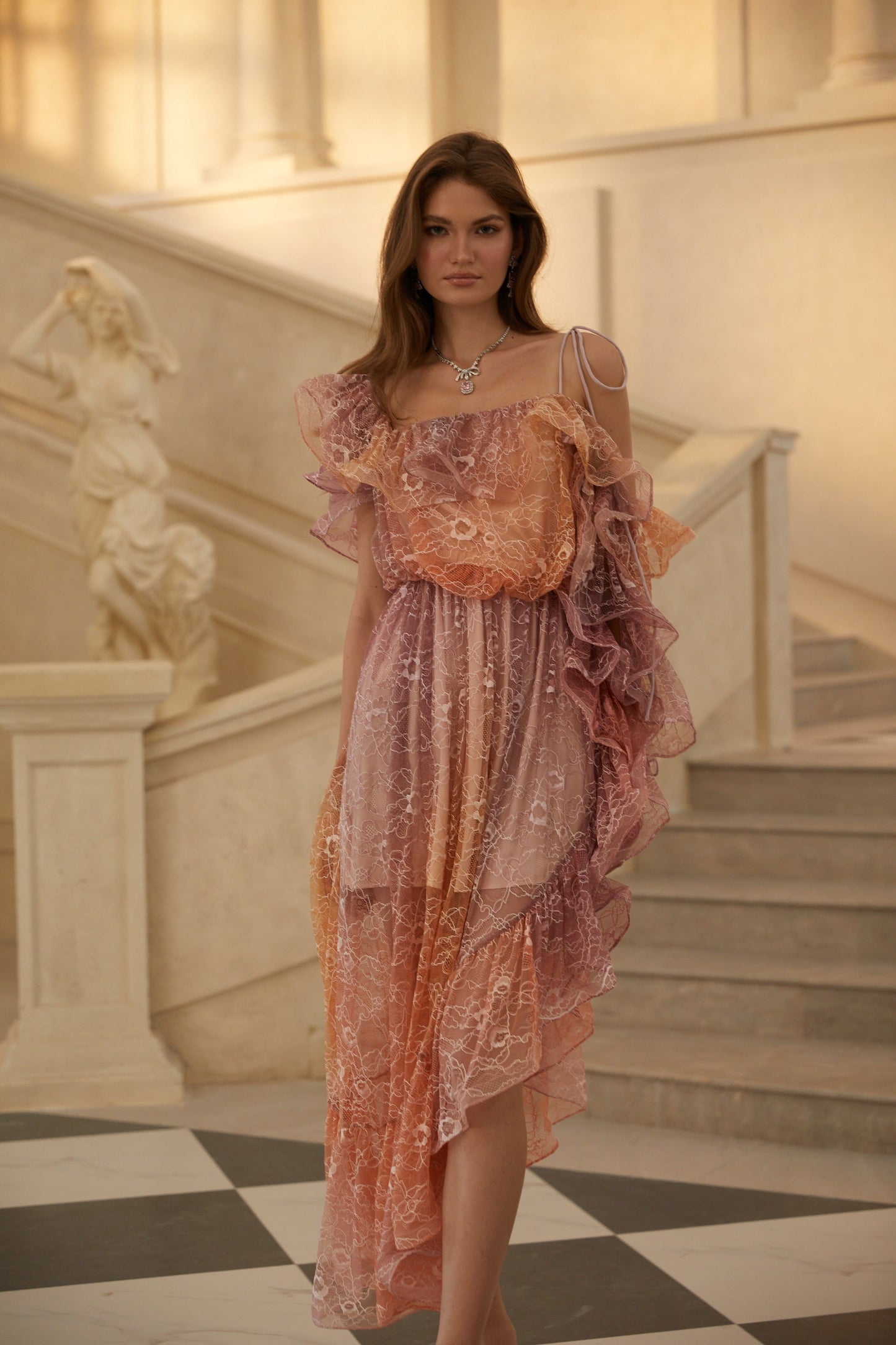 Éva Purple Gradient Floral Lace Midi Dress