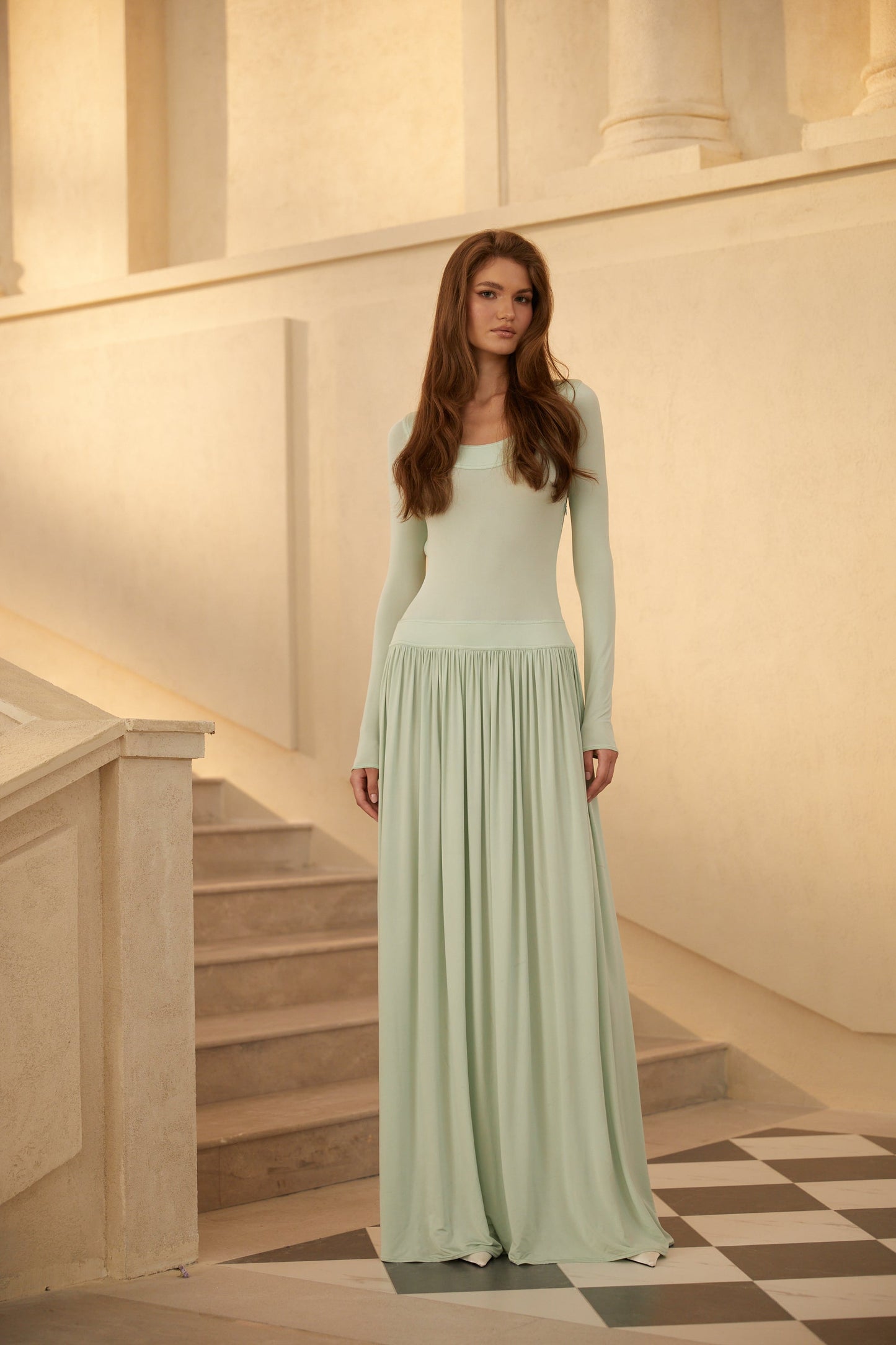 Campagne Green Open-Back Shirred Maxi Dress
