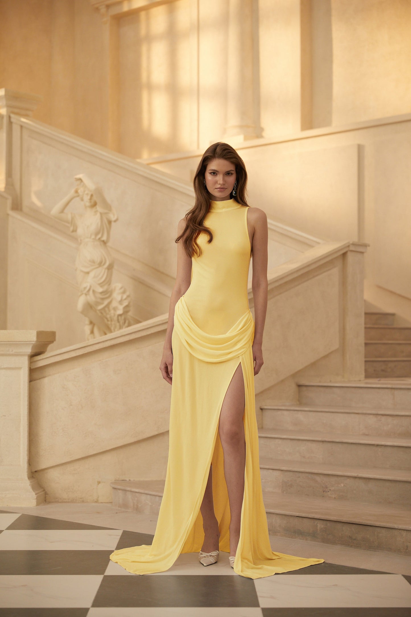 Mystérieuse Yellow Turtleneck Draped Maxi Dress
