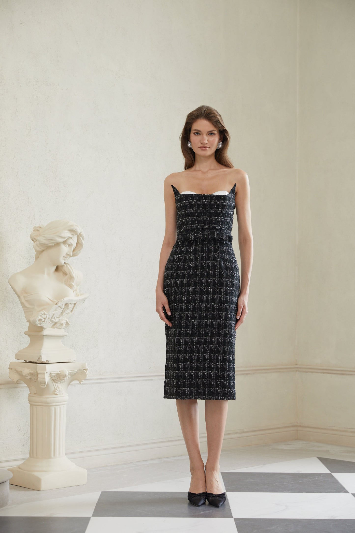 Rauha Black Plaid Weave Tweed Midi Dress