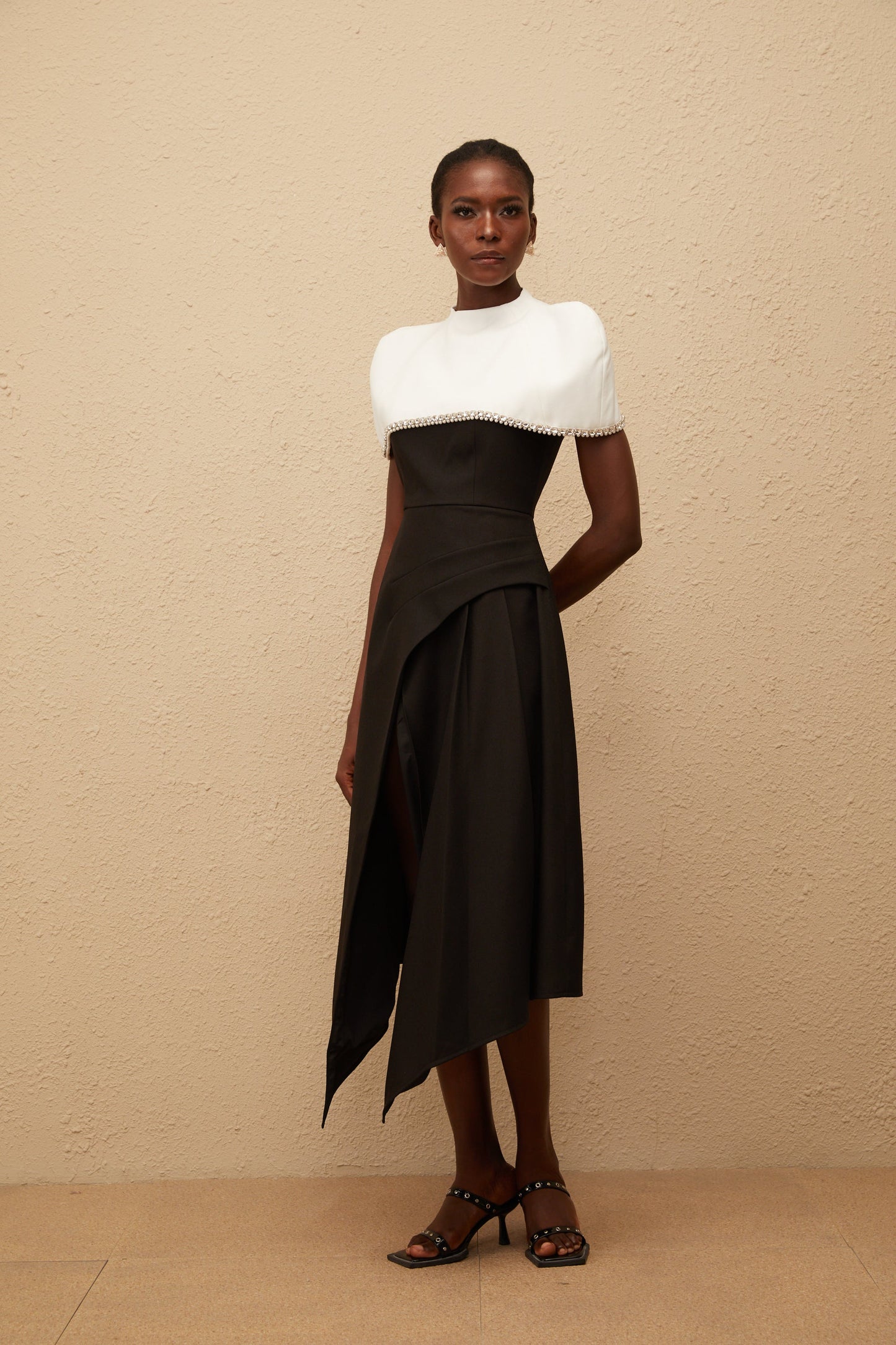 Fabienne Color Block Midi Dress with Embellished Shawl