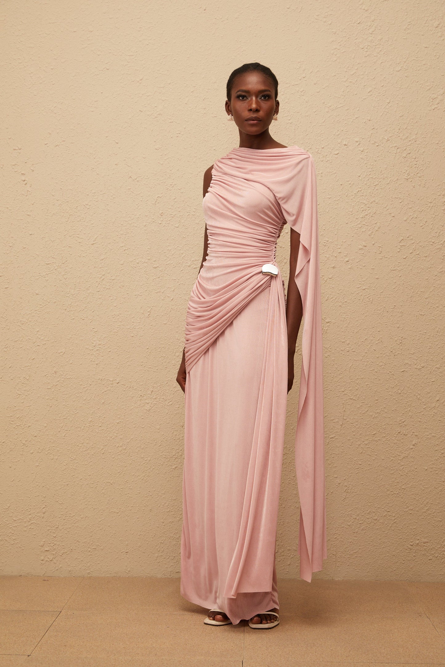 Paloma Pink Sleeveless Asymmetrical Ruched Knit Maxi Dress