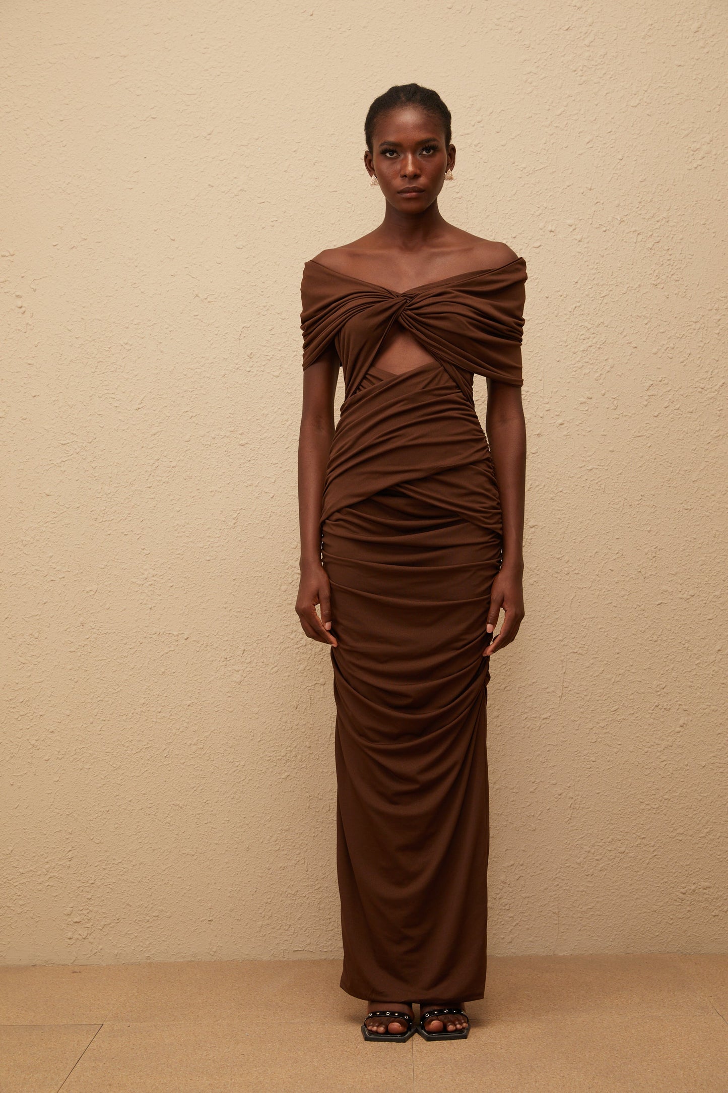 Liliane Brown Ruched Knit Maxi Dress