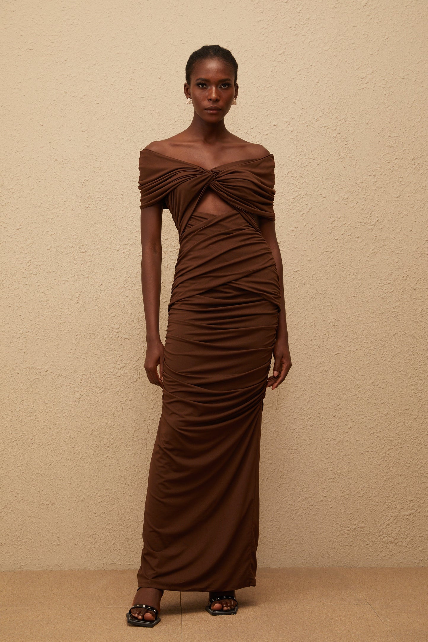 Liliane Brown Ruched Knit Maxi Dress