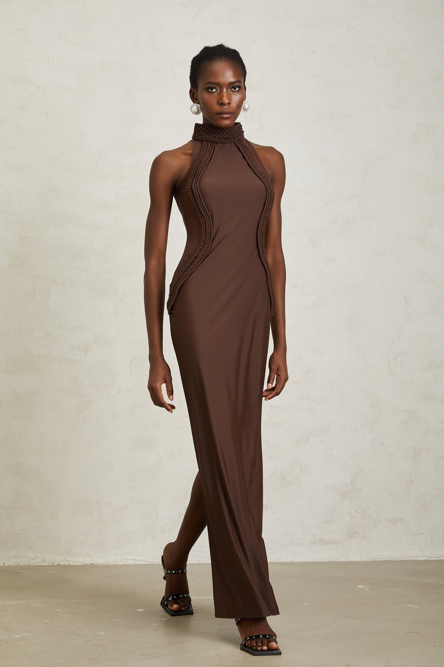Gabriela Brown Halterneck Braid Detail Maxi Dress