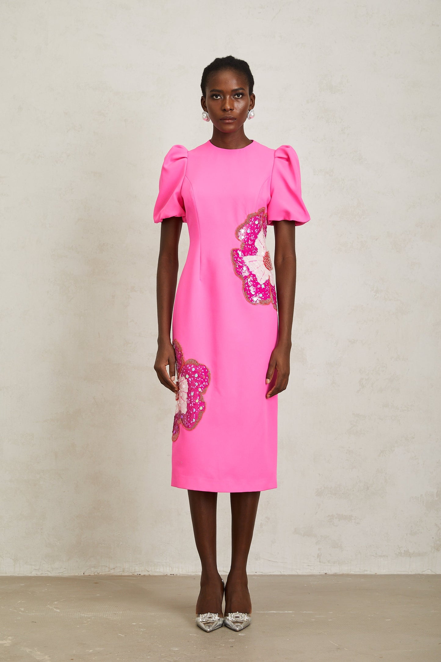 Ángela Pink Embellished Floral Midi Dress