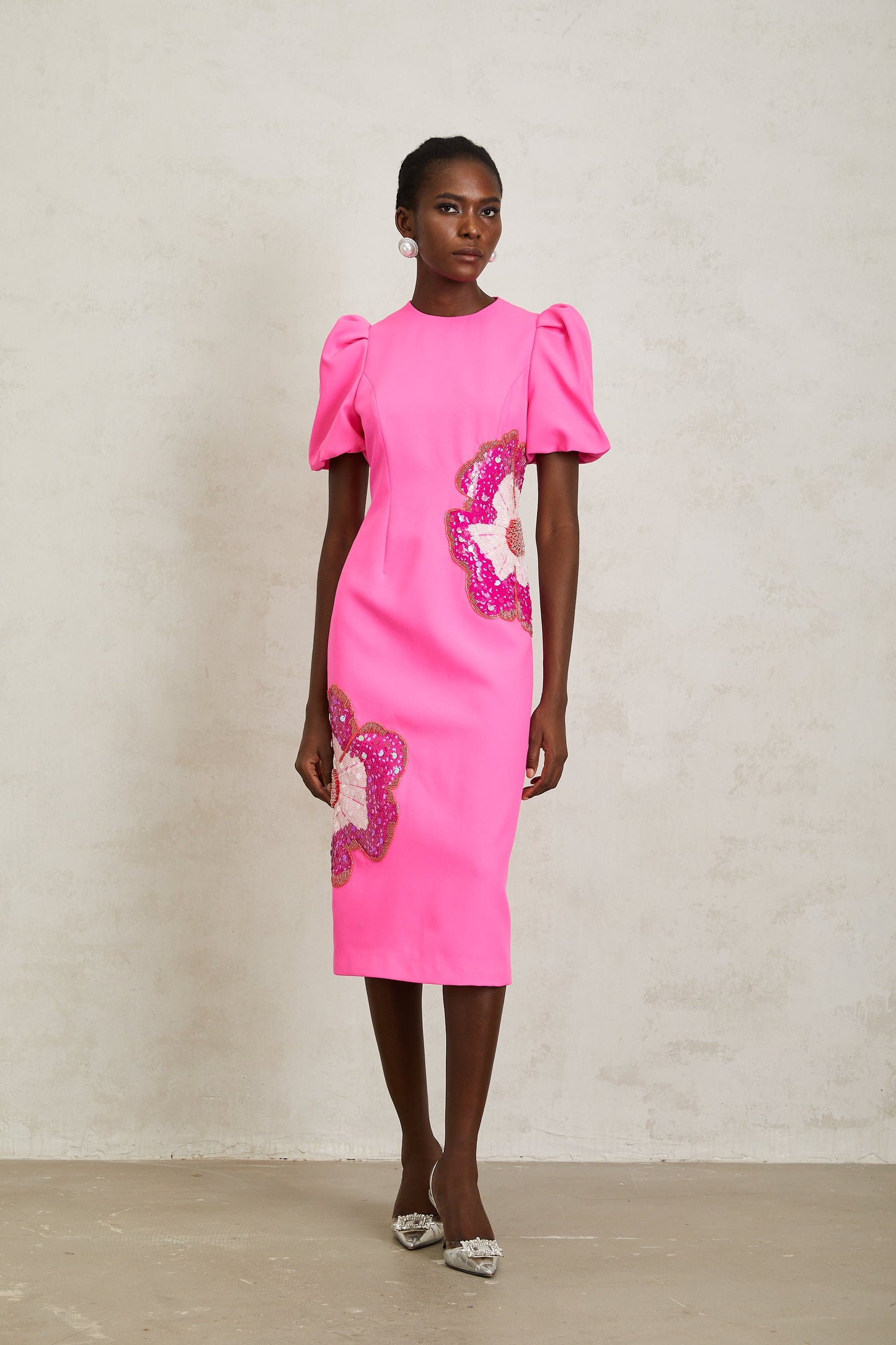 Ángela Pink Embellished Floral Midi Dress