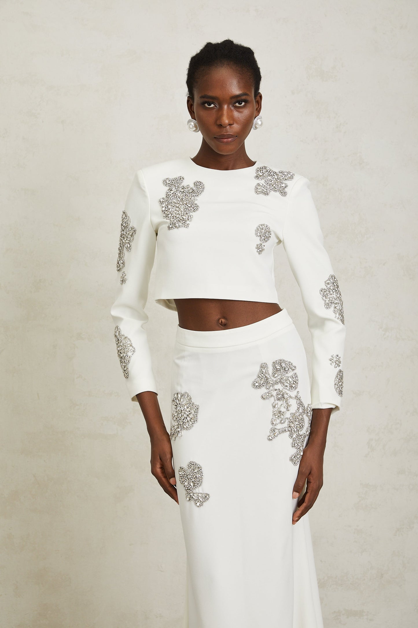 Luna White Crystal Embellished Top & Skirt Set