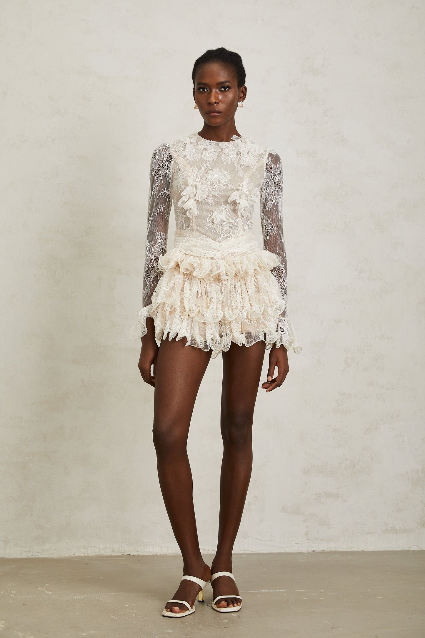 Baptistine White Floral Lace Tiered Mini Dress