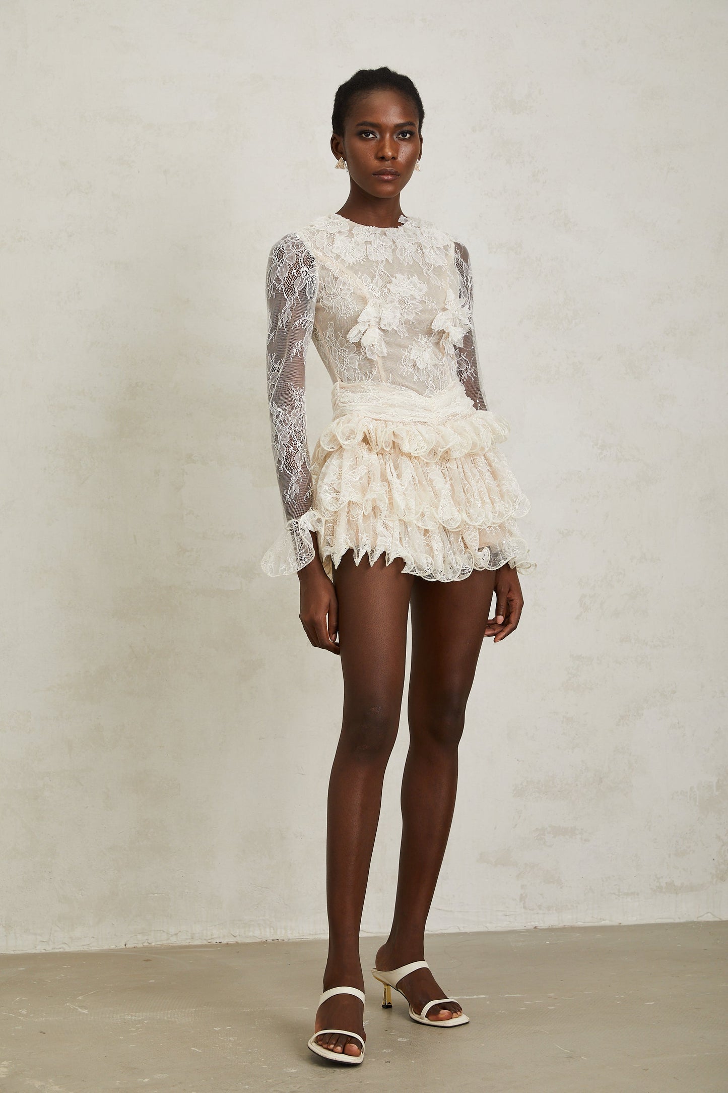 Baptistine White Floral Lace Tiered Mini Dress