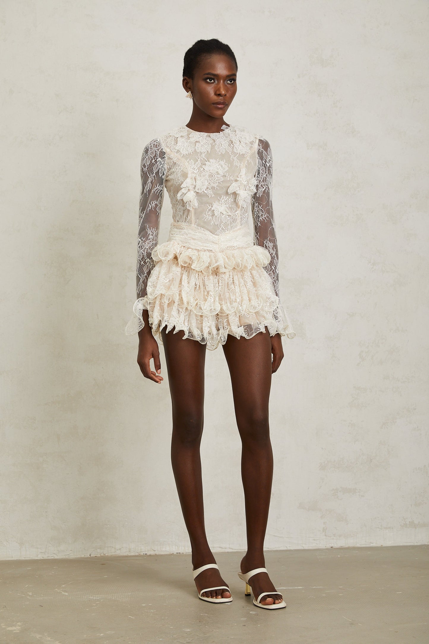 Baptistine White Floral Lace Tiered Mini Dress