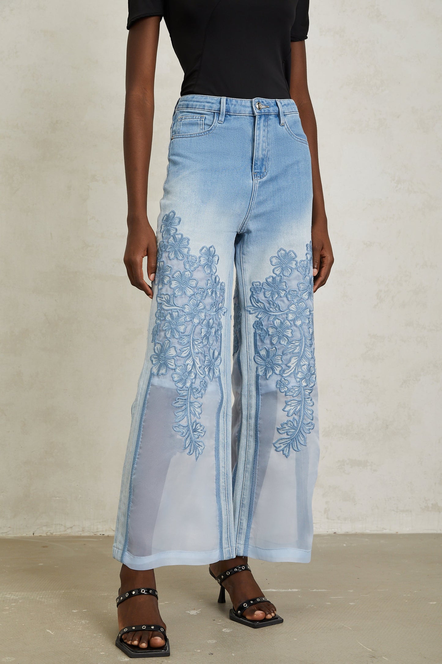 Inmaculada Blue Tulle Panel Floral Embroidered Jeans