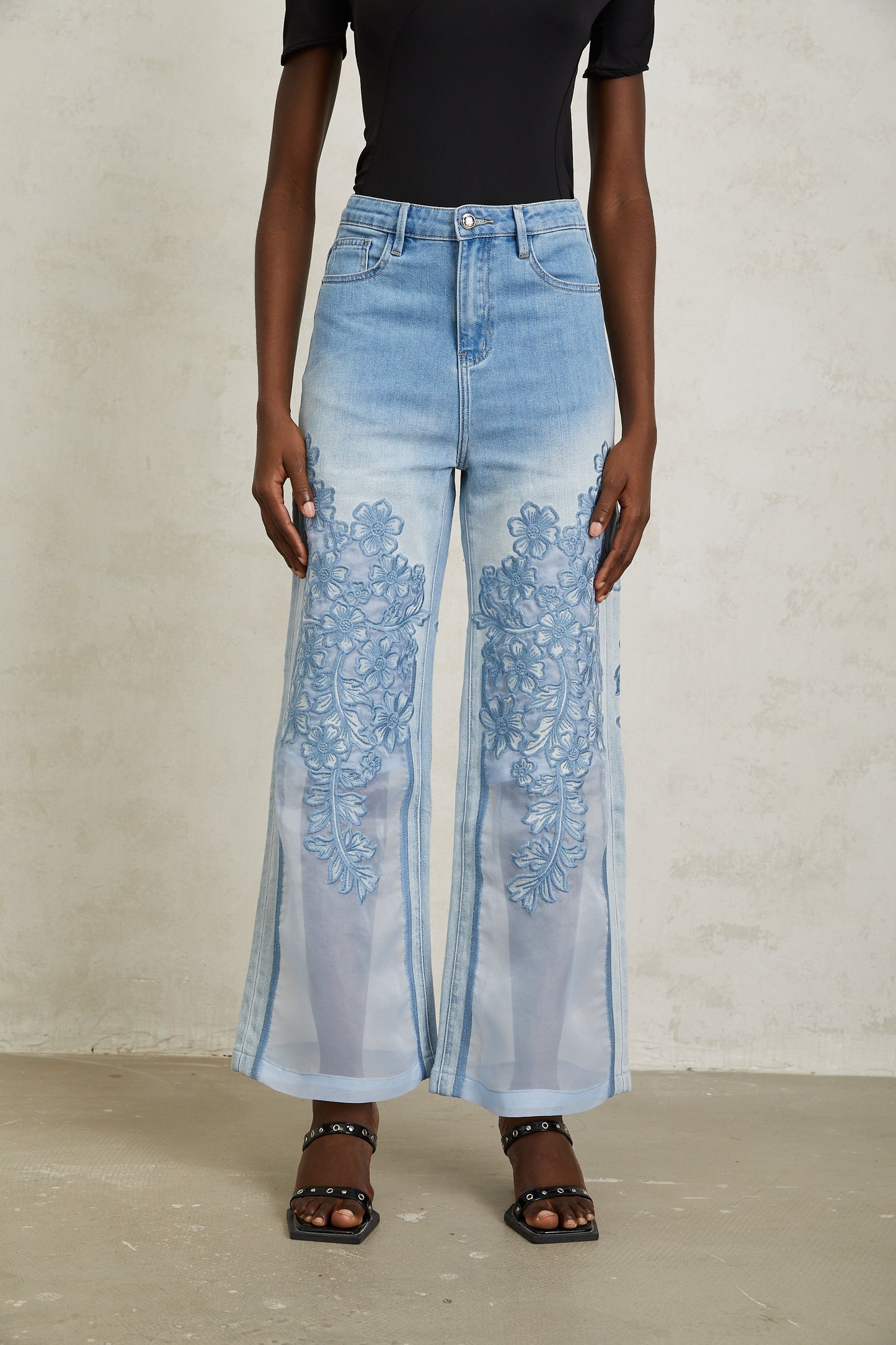 Inmaculada Blue Tulle Panel Floral Embroidered Jeans