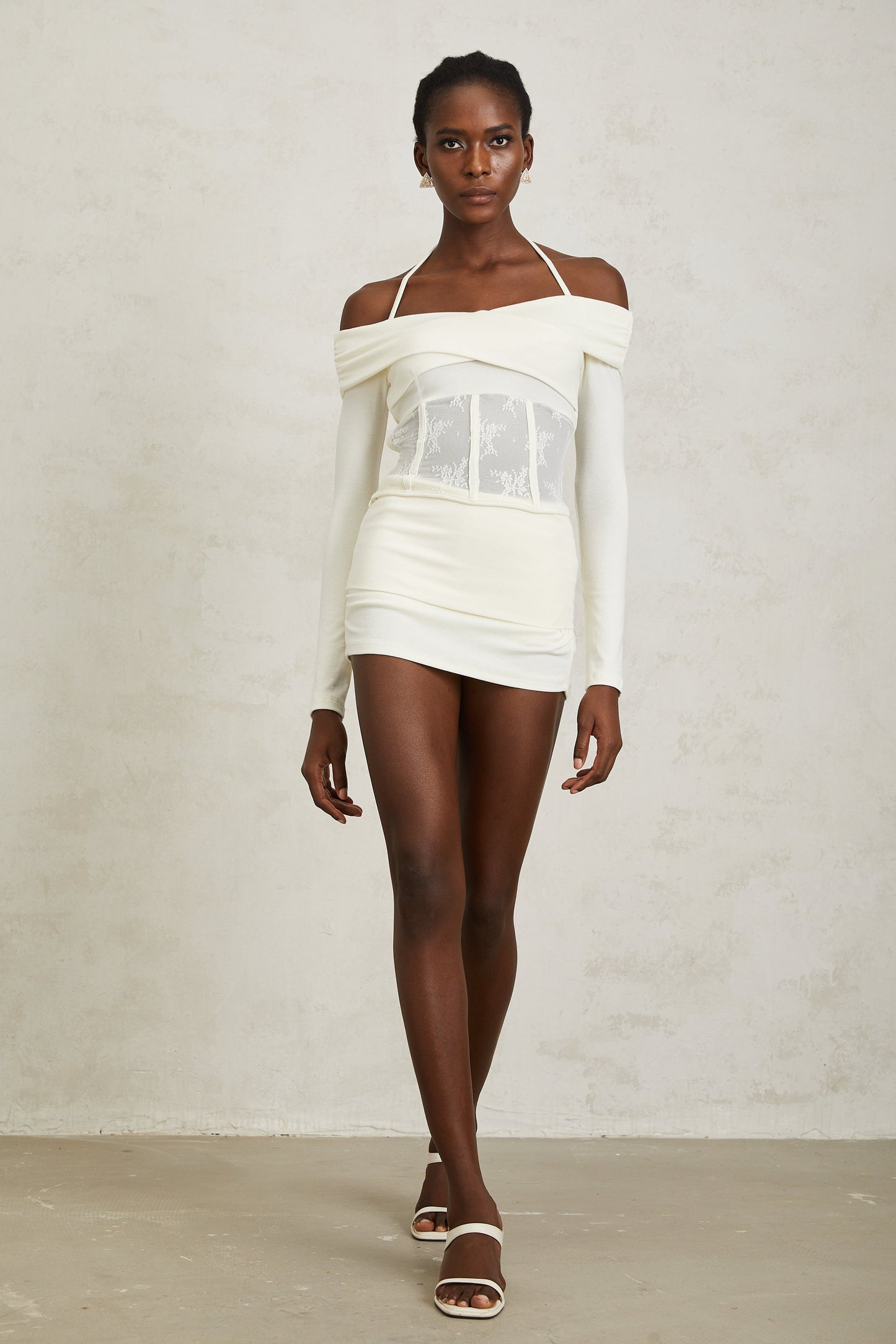 Coralie White Lace Panel Knit Blouse & Skirt Set