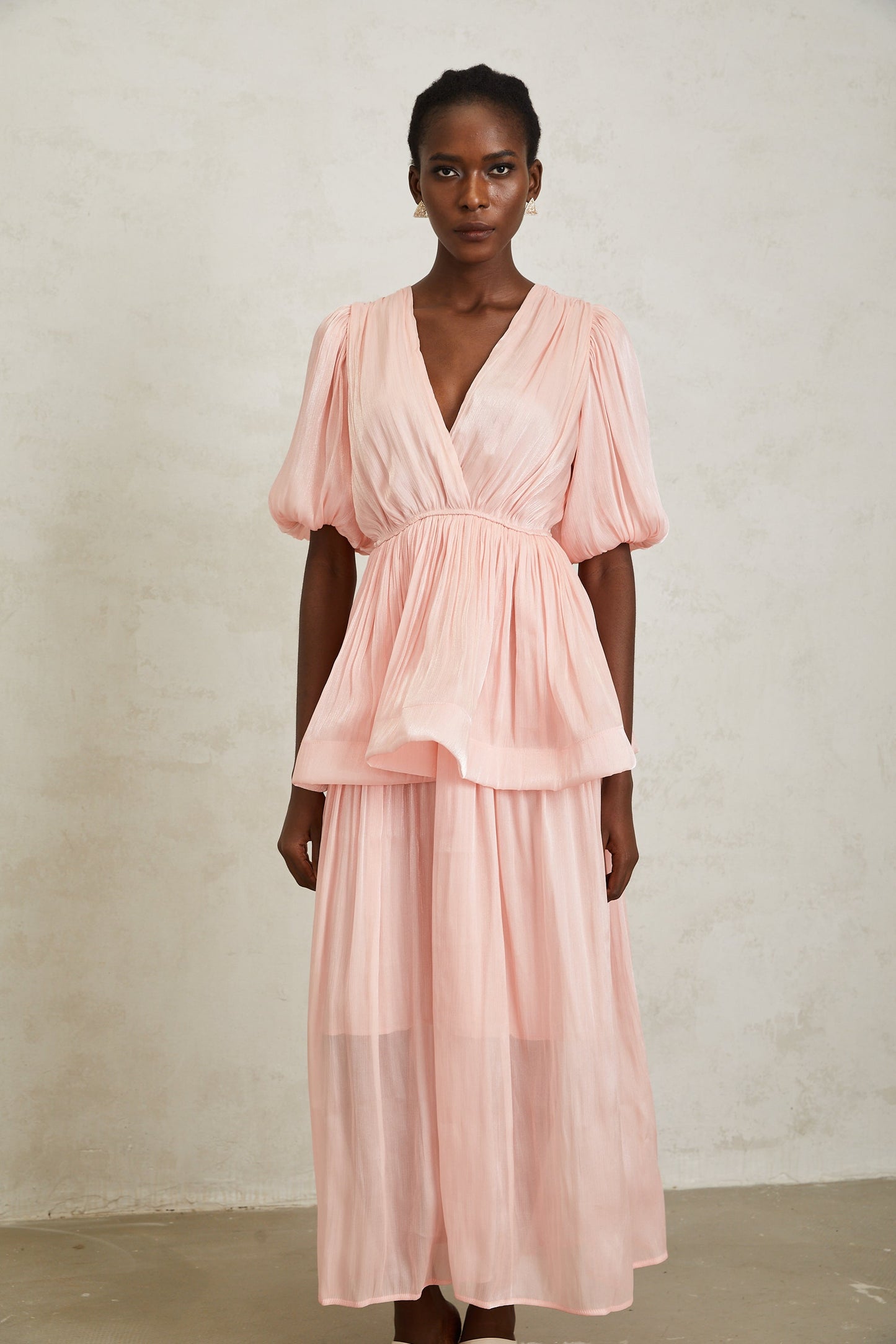 Joyanna Pink Pleated Glossy Maxi Dress