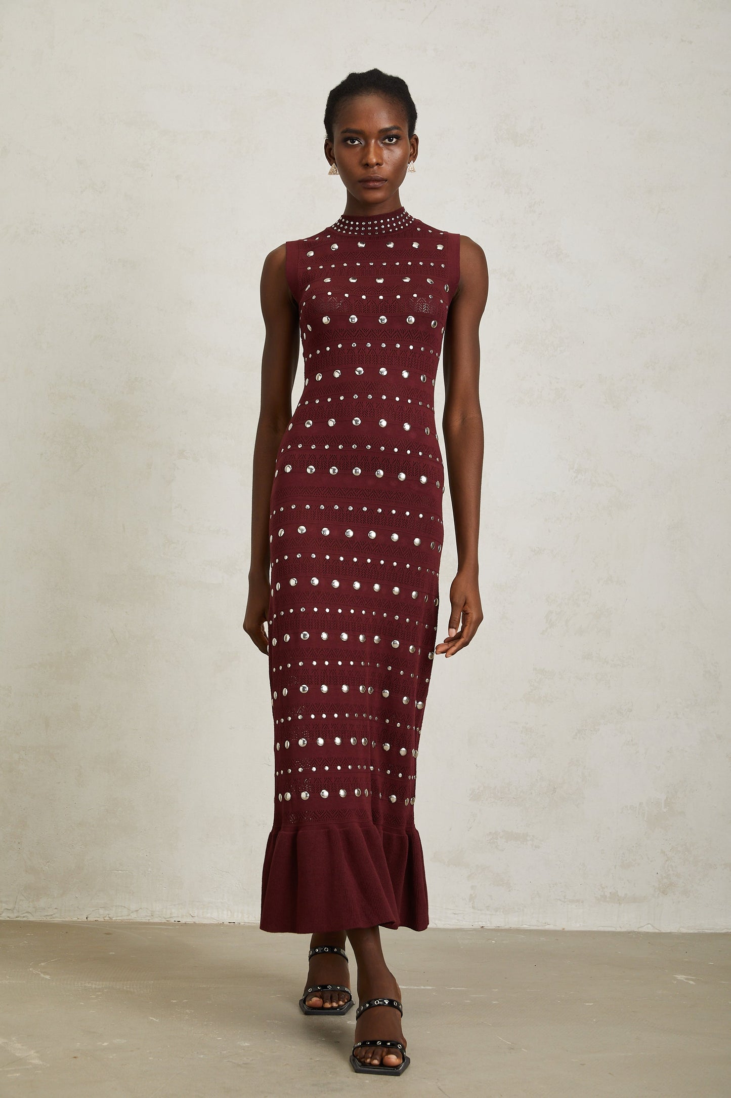 Chloé Red Studded Crochet Knit Maxi Dress