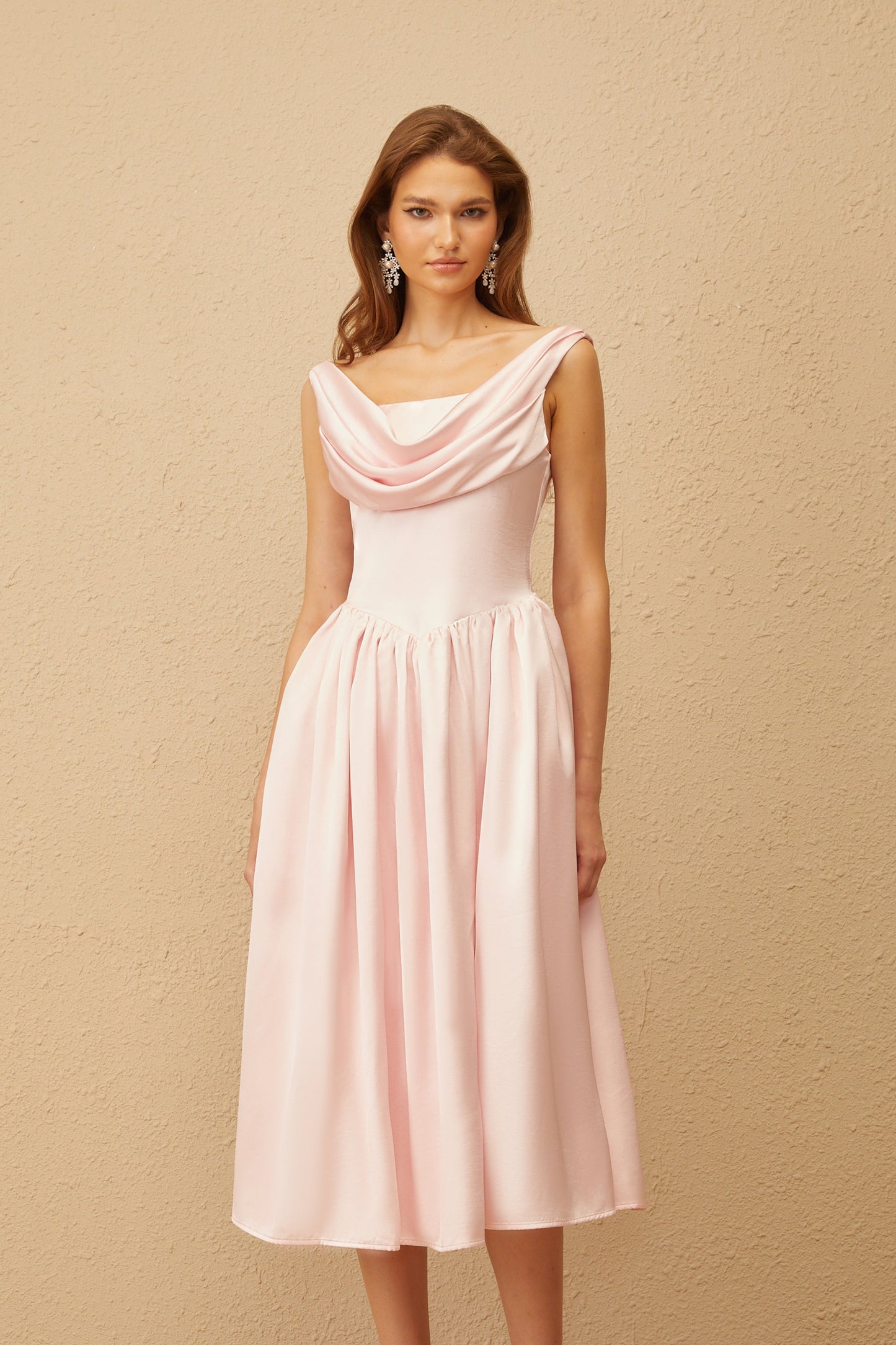 Althéa Pink Cowl Neck Voluminous Midi Dress