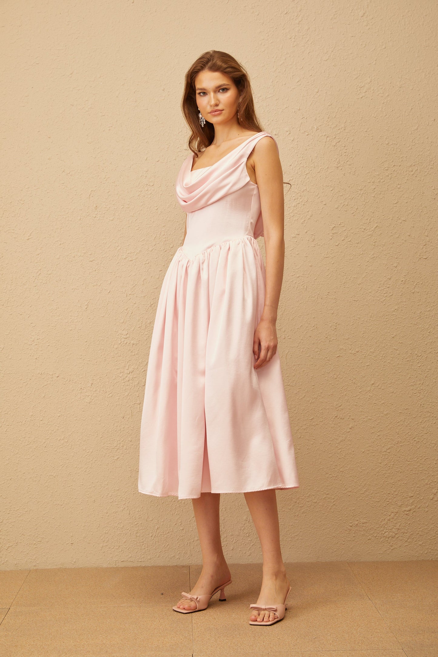 Althéa Pink Cowl Neck Voluminous Midi Dress