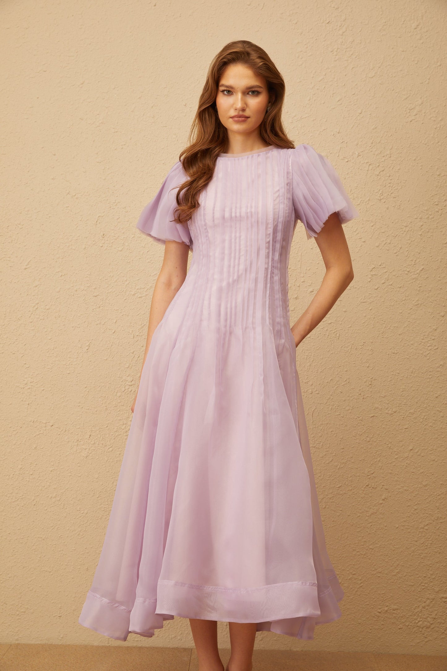 Léna Light Purple Pleated Organza Midi Dress