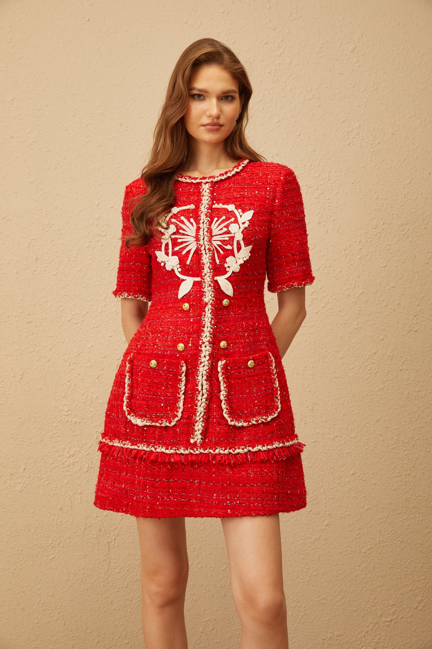 Aurore Red Floral Appliqué Tweed Mini Dress