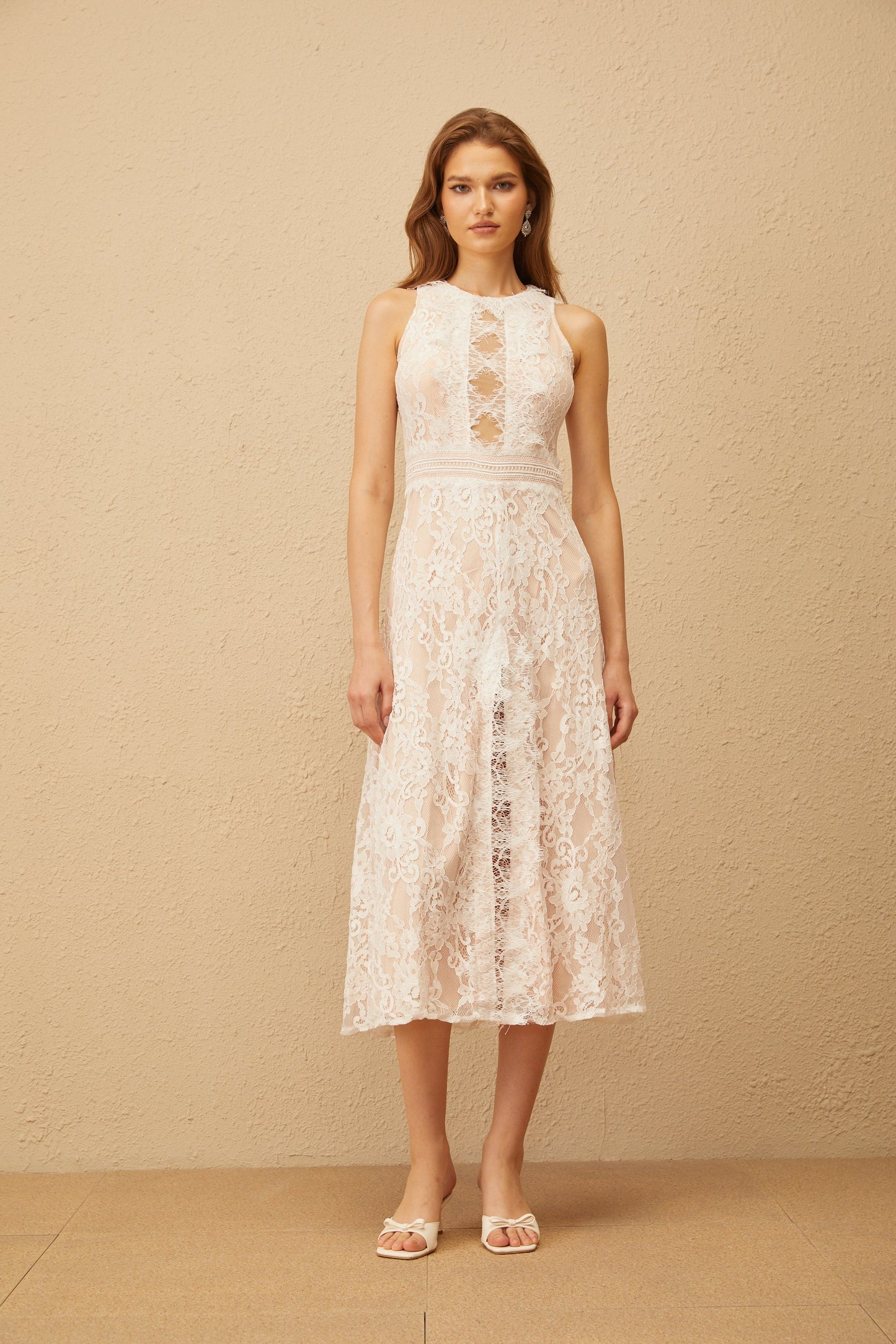 Cerise White Open Back Floral Lace Midi Dress