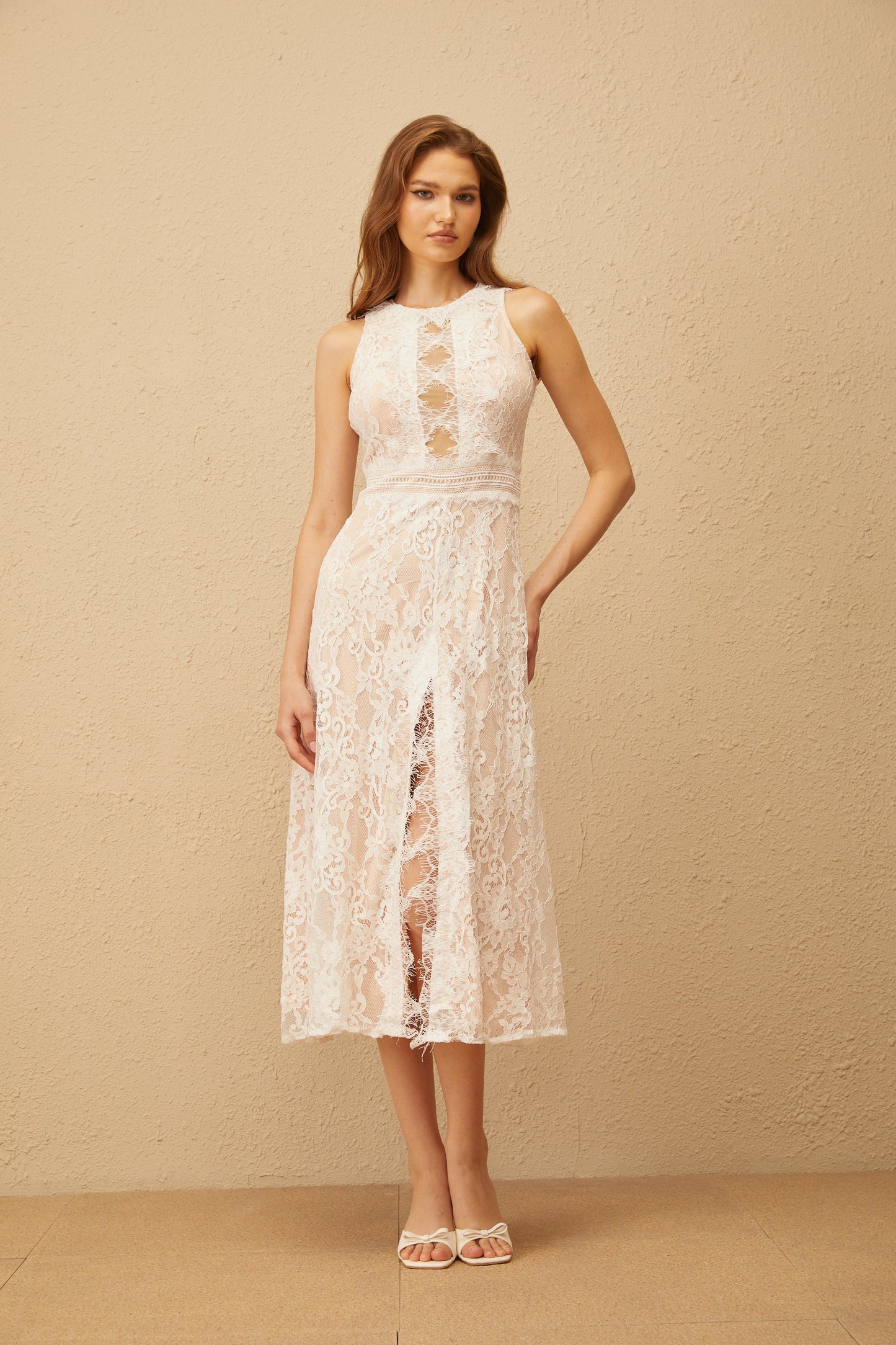 Cerise White Open Back Floral Lace Midi Dress